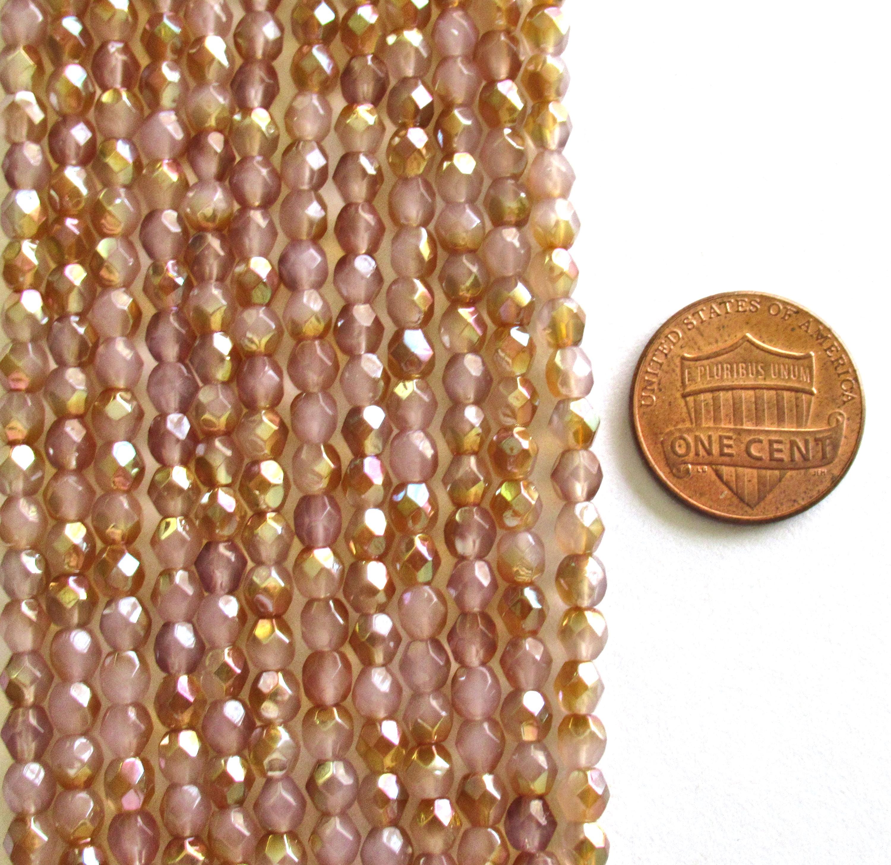 Lot of 50 4mm Czech glass beads - light Milky Pink Celsian - round faceted fire polished beads - C0096