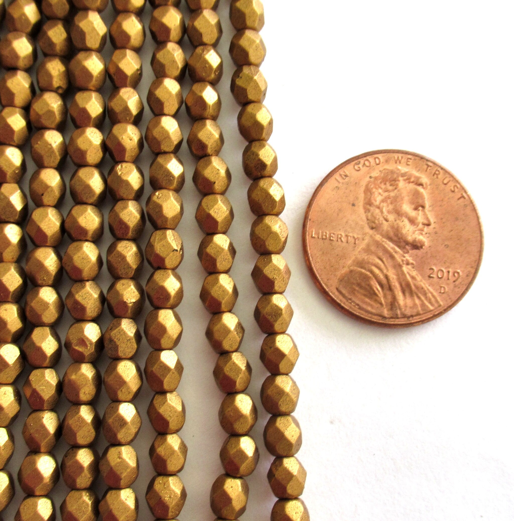 Fifty 4mm Czech glass beads - matte metallic antique gold fire polished faceted round beads C0086