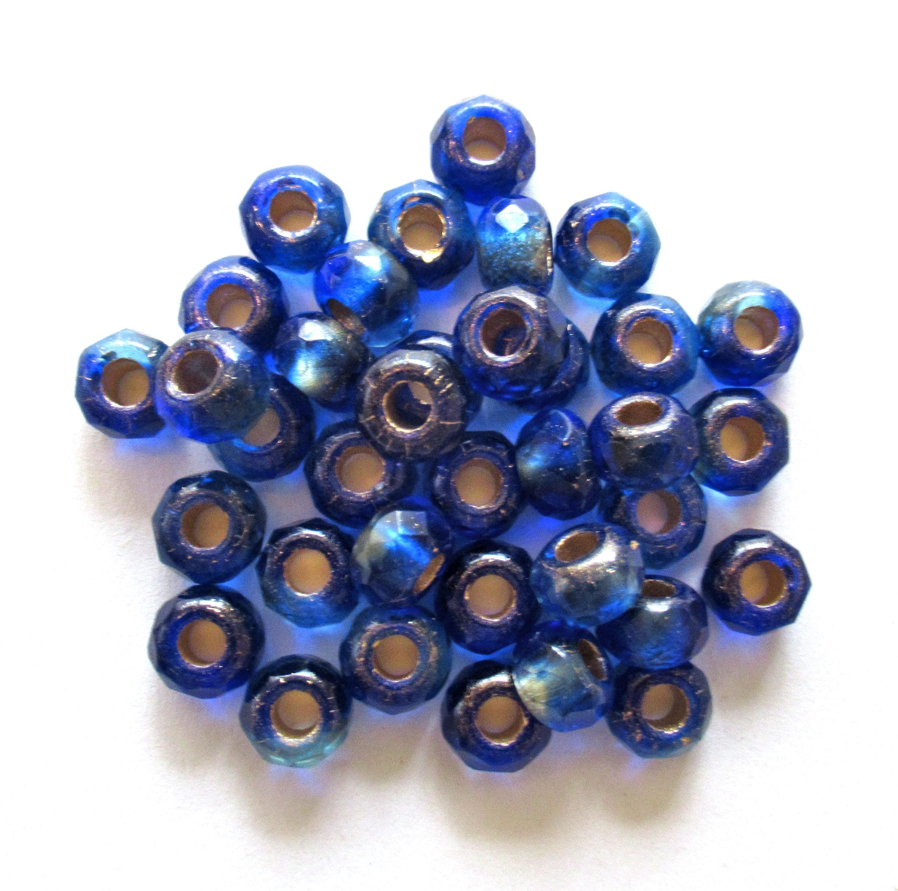 Ten Czech glass roller beads - 9 x 6mm matte sapphire blue gold lined beads - faceted rondelles big 3.5mm hole beads C00621