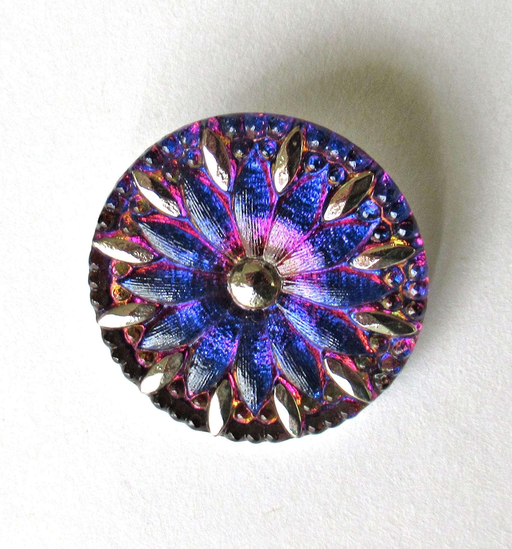 One large Czech glass button - 31mm - blue & pink flower button with silver accents - decorative floral shank button - C00824