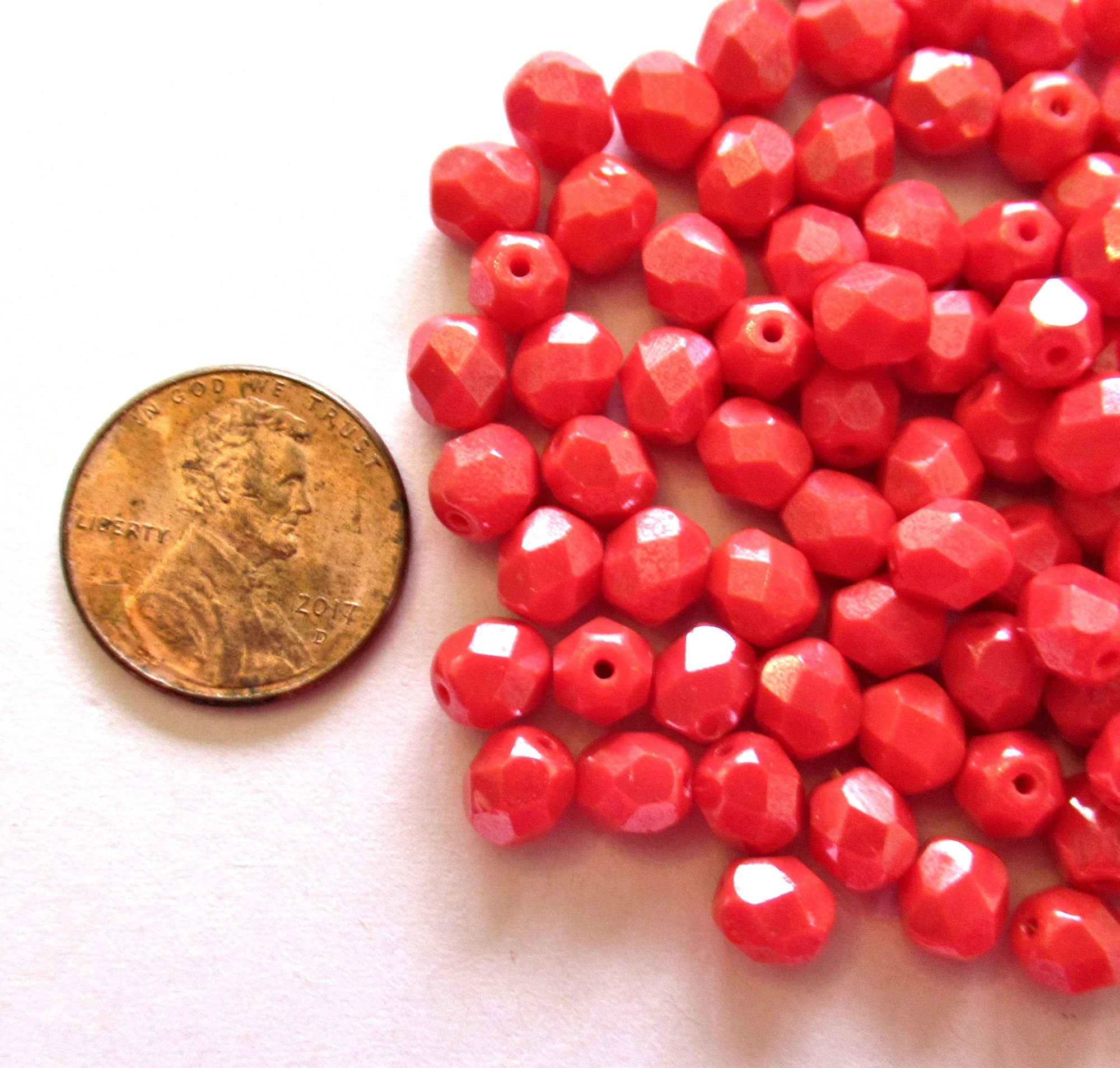 25 6mm Czech glass beads - Coral or orange Shimmer - fire polished faceted round beads C0015