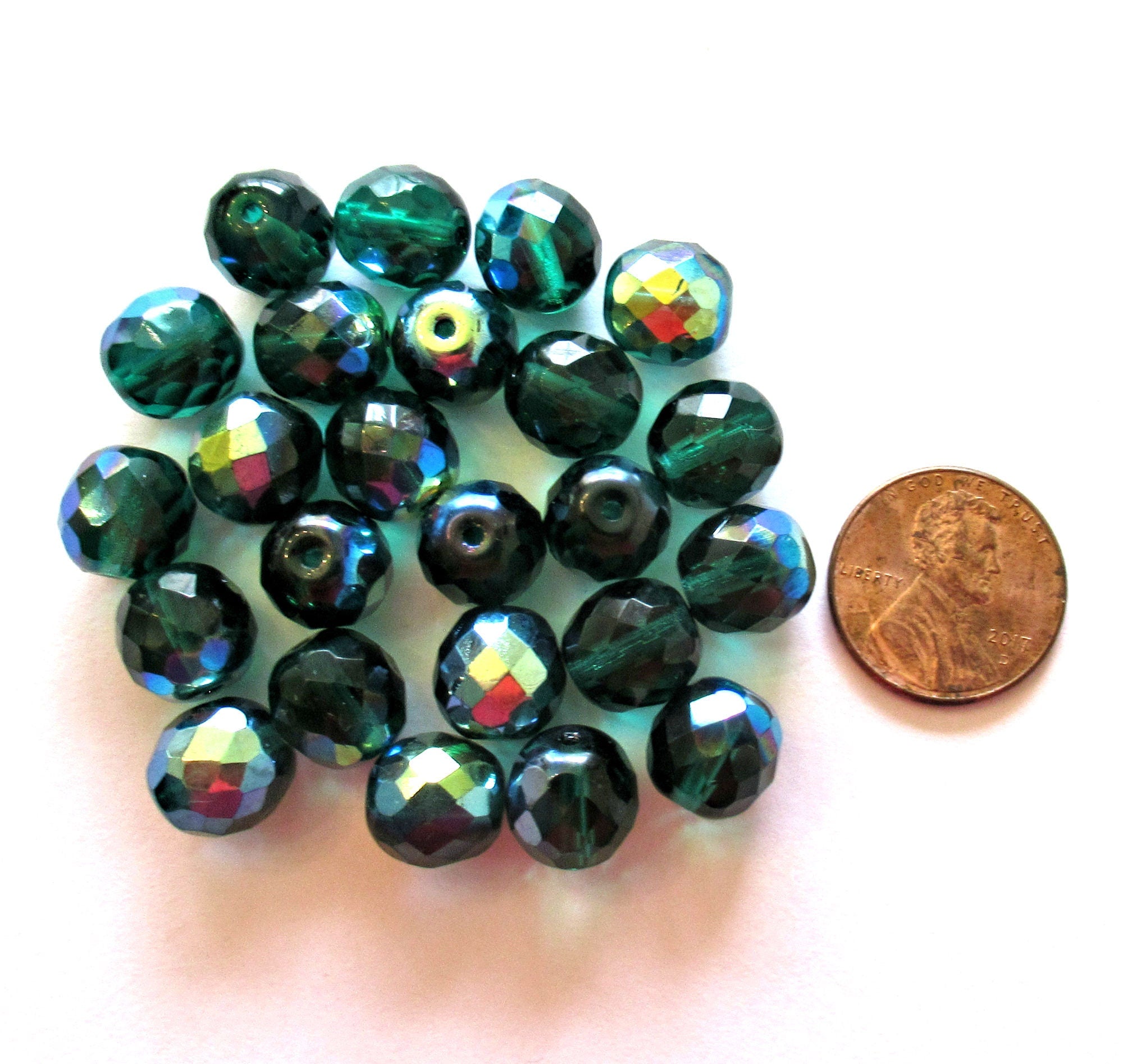Twenty 10mm Czech glass beads - teal blue green AB beads - faceted round fire polished beads C00111