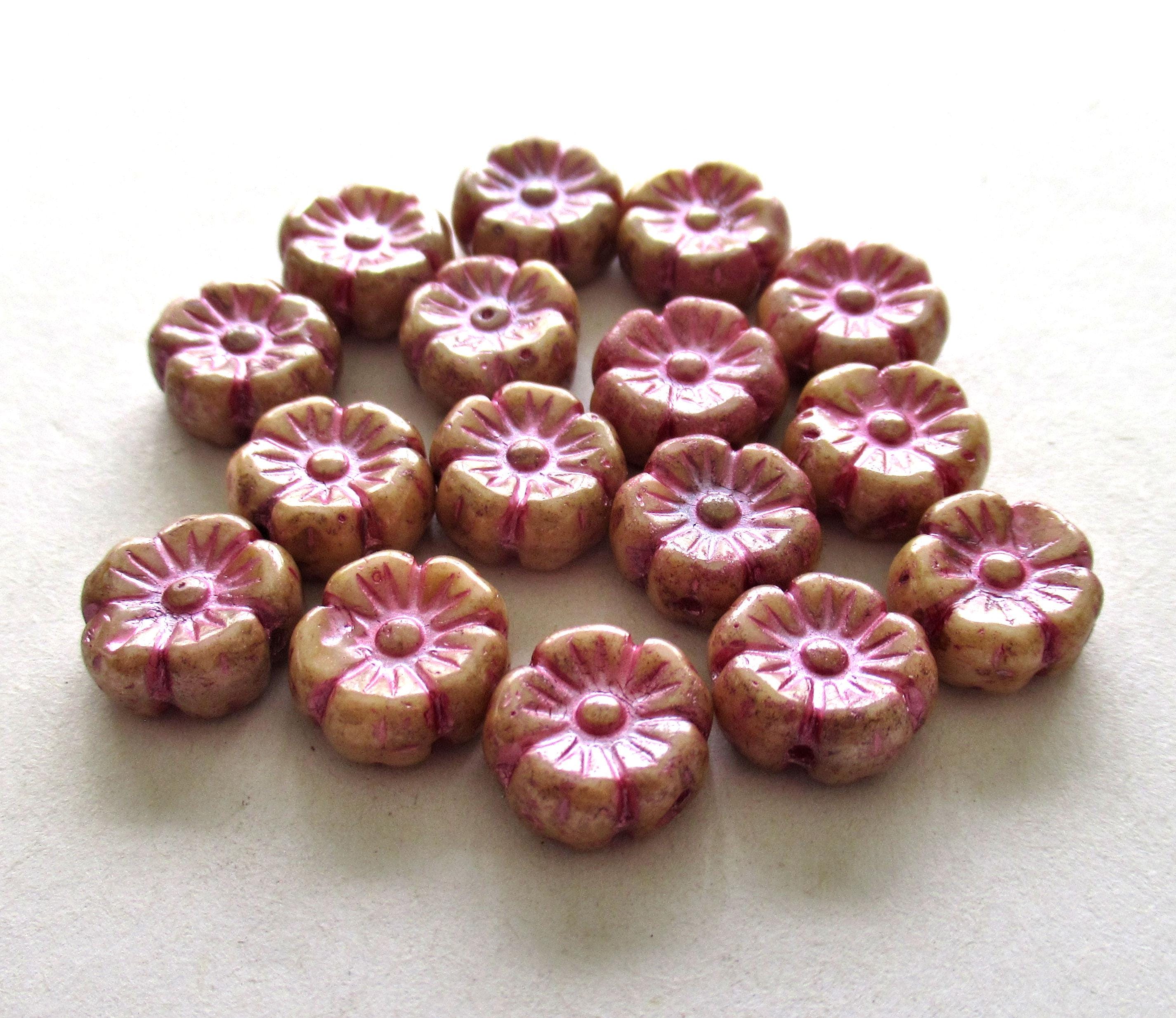 Lot of 16 9mm Czech glass flower beads - off white picasso beads w/ a pink wash - Hawaiian hibiscus flower beads C00071