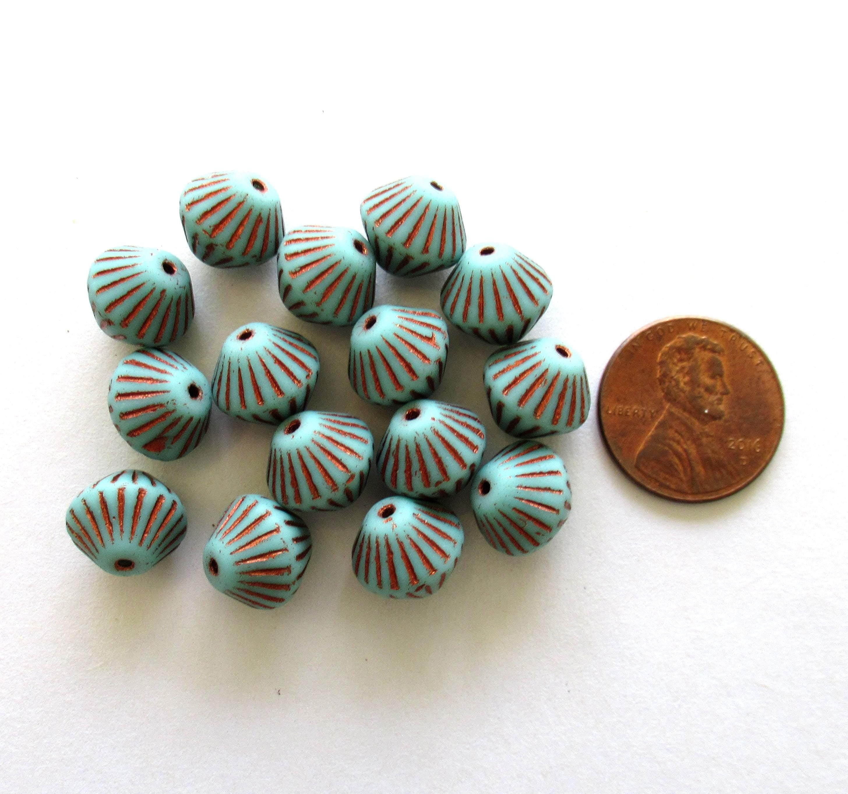 Five 11mm x 10mm chunky rustic Czech glass bicones - Tiffany green w/ copper accents carved bicone beads- C0046