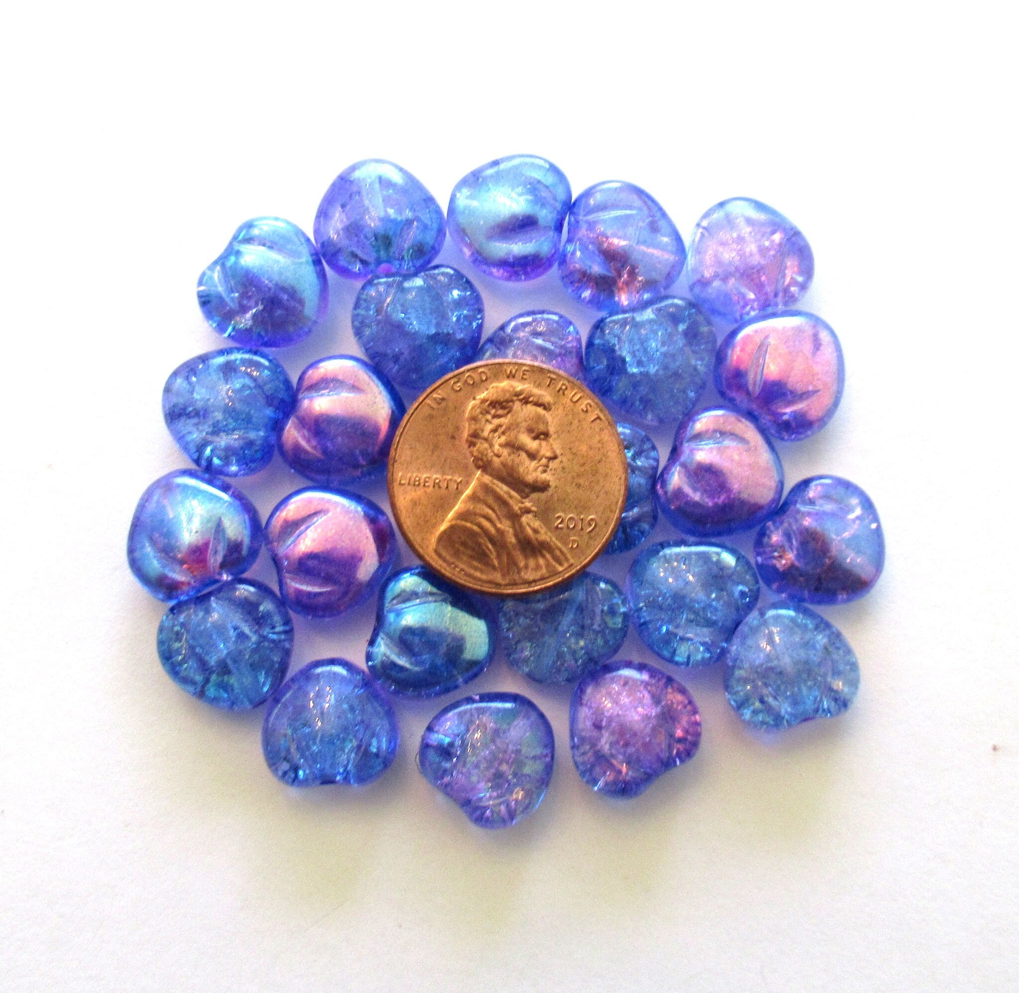 Lot of 10 Czech glass heart beads - 11mm blue and purple crackle glass hearts with an ab finish - C0049