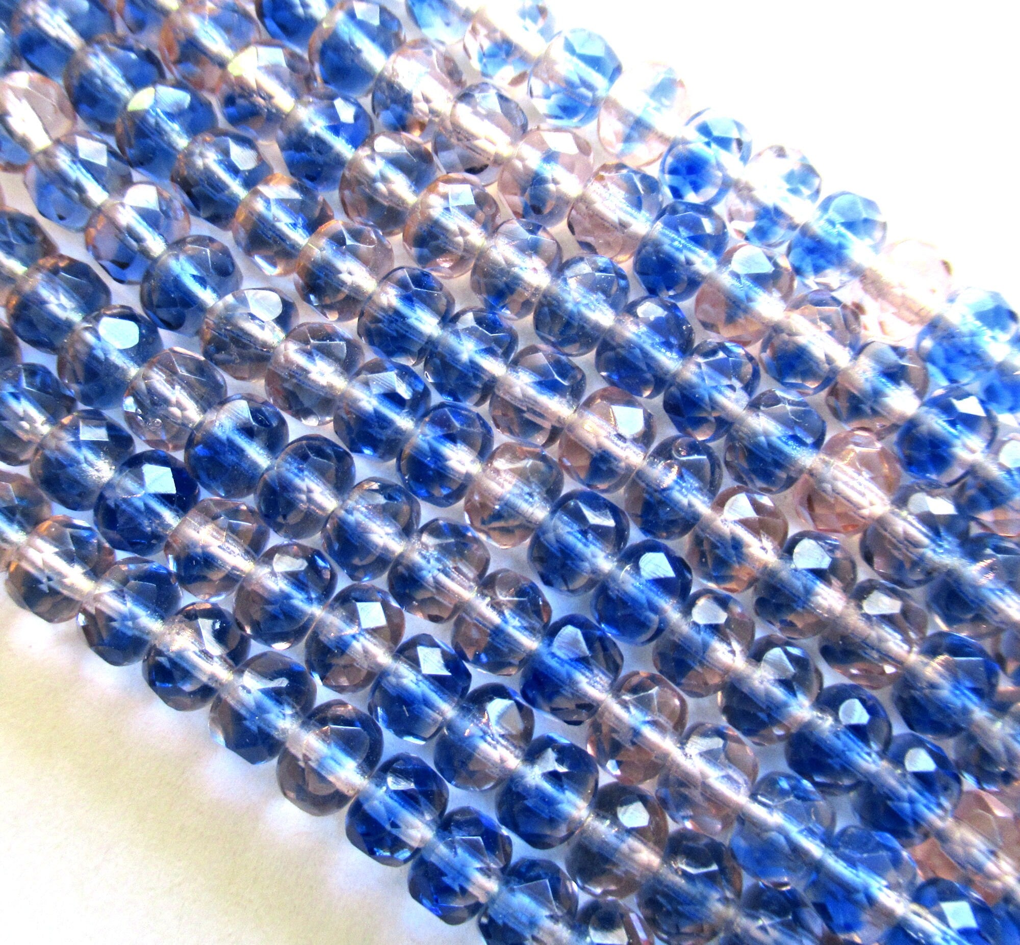 50 small Czech glass puffy rondelle beads - 3 x 5mm pink & blue color mix faceted rondelles 00671