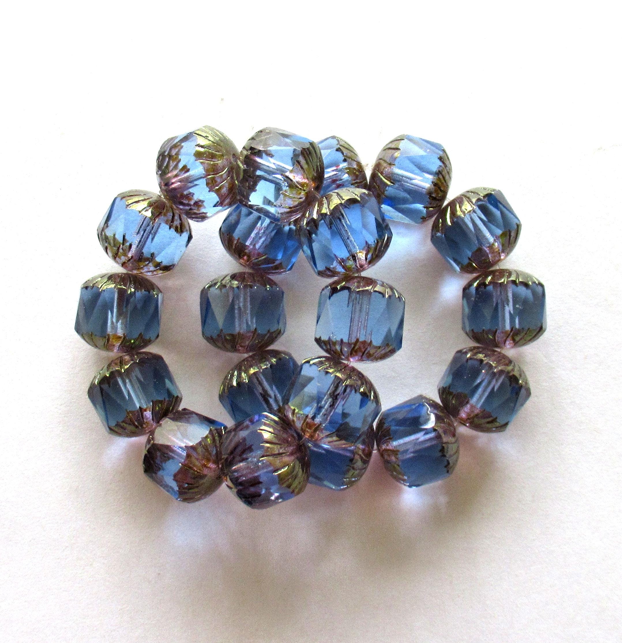 Ten large Czech glass center faceted carved cruller beads - 10mm - round light sapphire blue cathedral beads bronze picasso accents - 00064