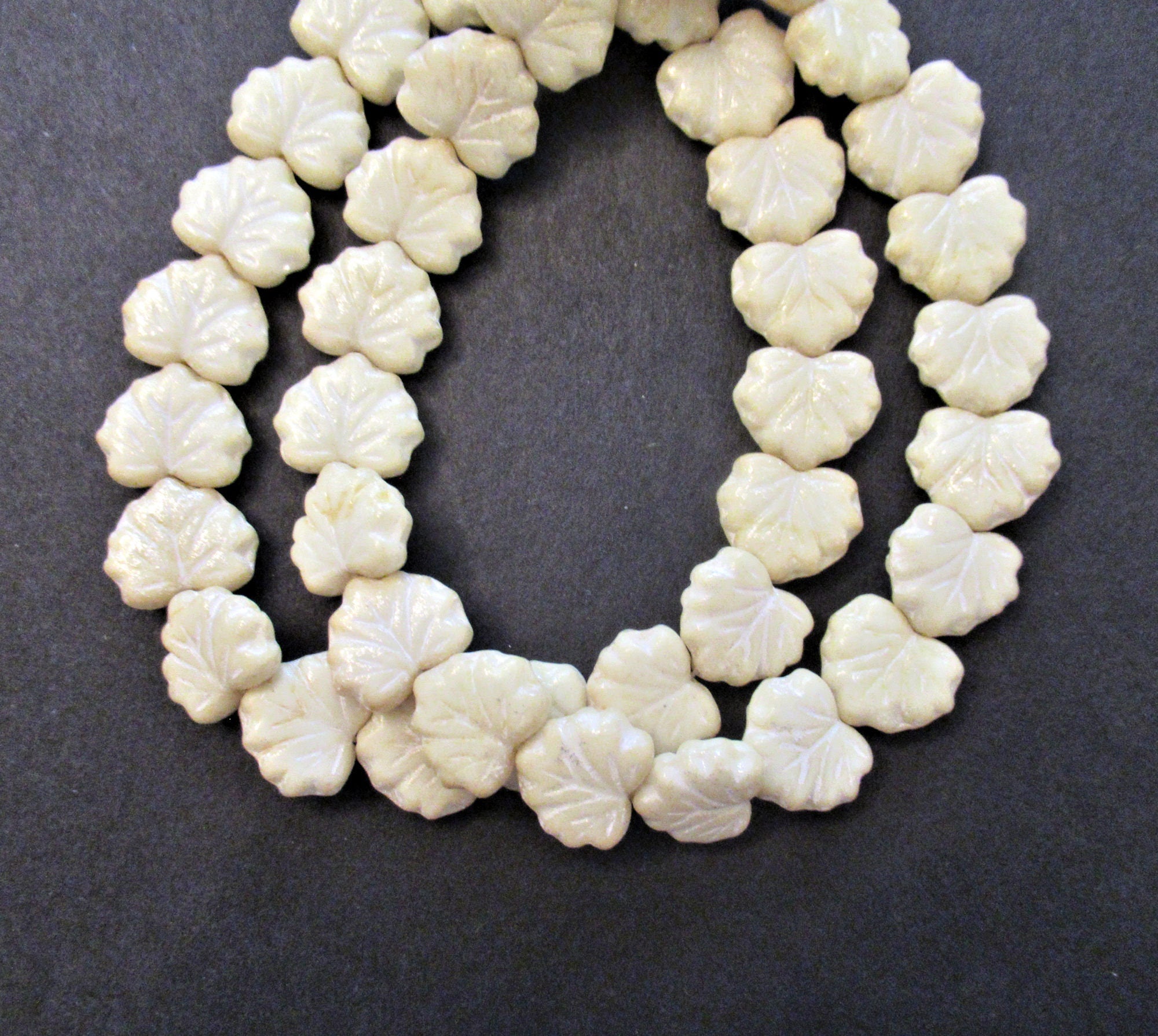 20 Czech glass maple leaf beads - opaque off white leaves with a subtle white wash - center drilled 13 x 11mm beads C00571