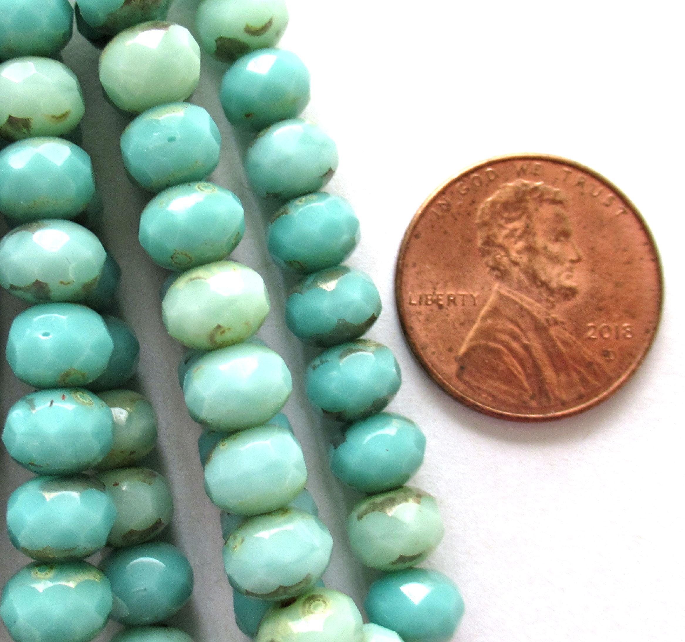 Lot of 25 puffy rondelle beads - opaque turquoise & mint green picasso mix - 5 x 7mm faceted Czech glass rondelles 53101