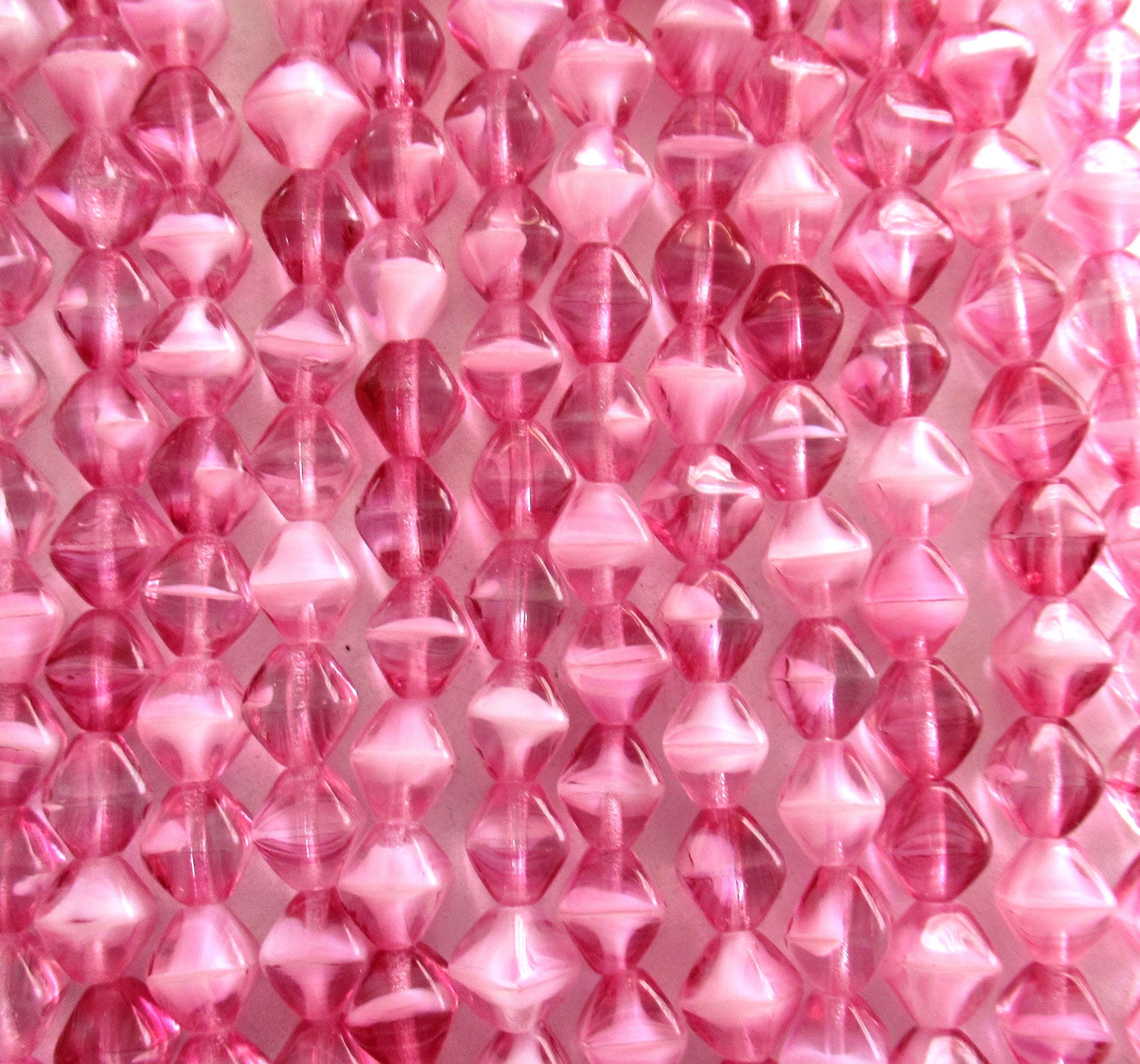 50 6mm Czech glass bicone beads - transparent bright pink with opaque white hearts - pressed glass bicones - C0085