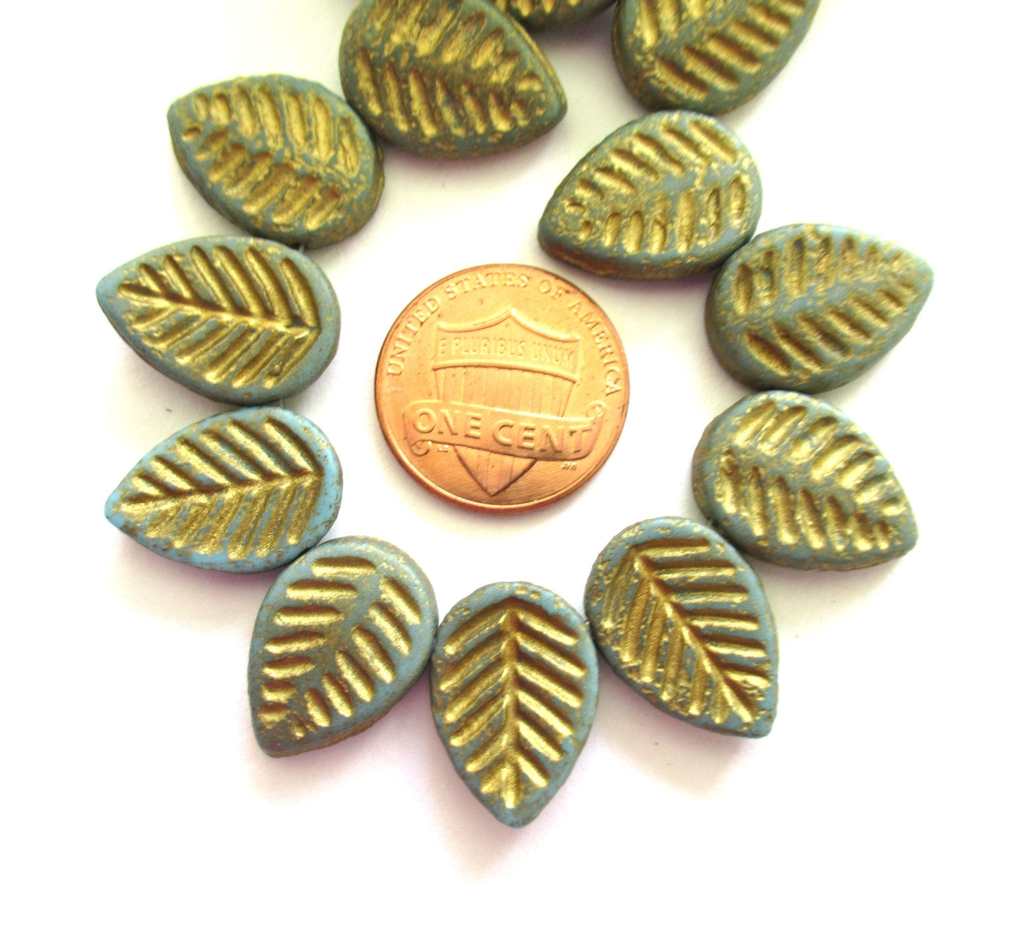 Ten large Czech glass leaf beads - side drilled etched turquoise blue green beads with a gold wash - 12 x 16mm carved beads C00831