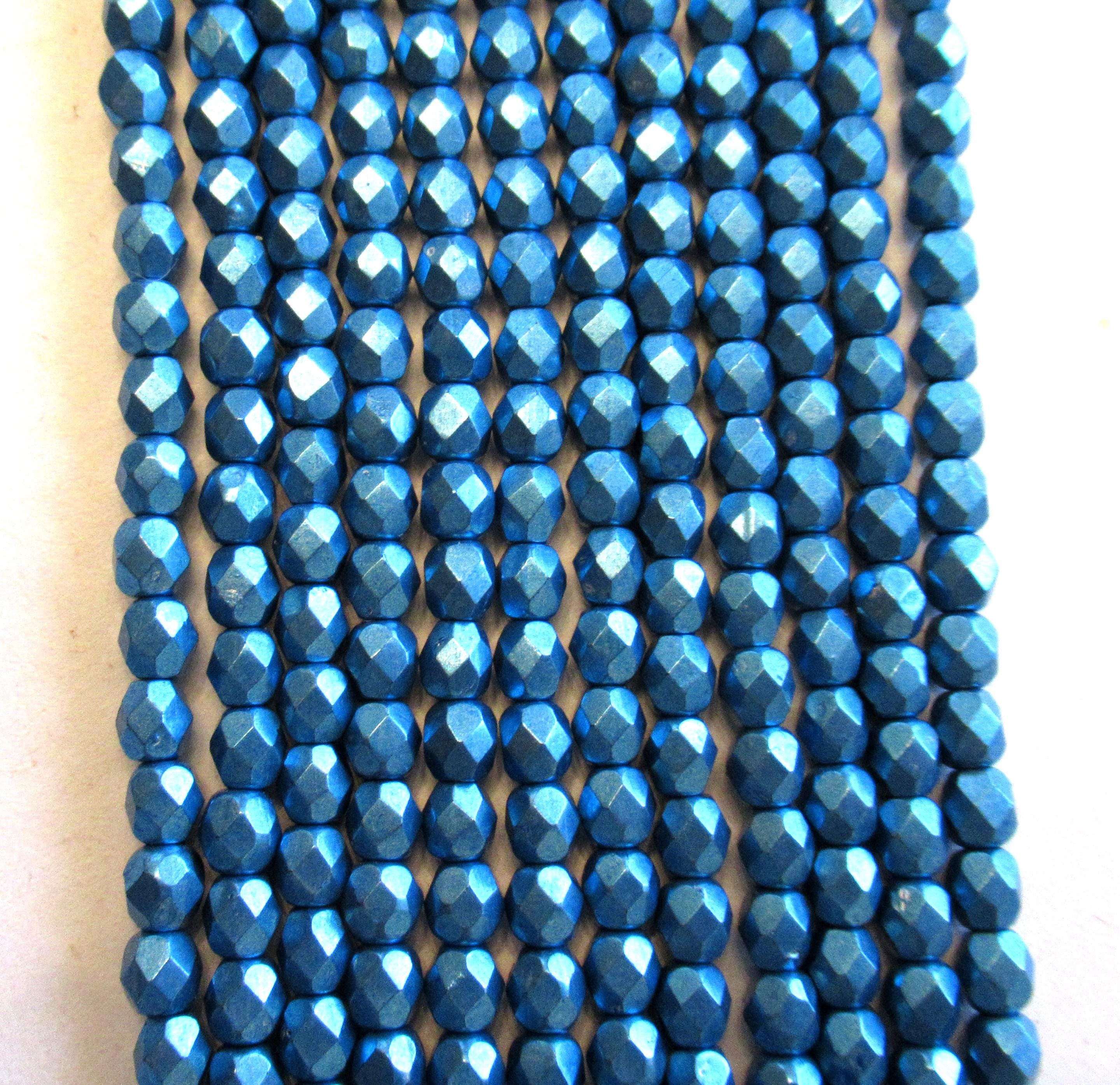 50 4mm Czech glass blue beads - saturated metallic nebulas blue - faceted fire polished round beads - C0084