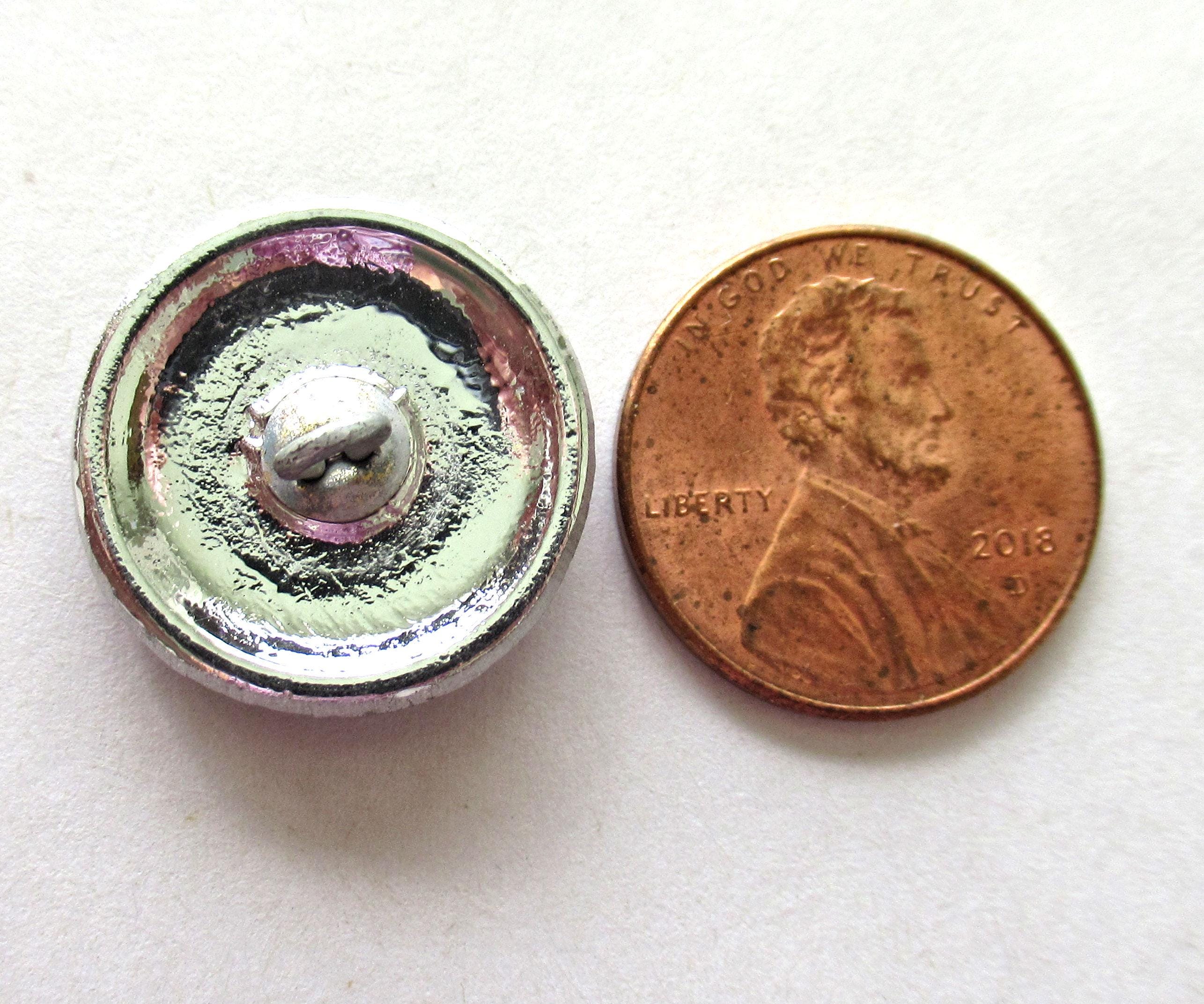 One 18mm Czech glass button - purple & blue geometric pattern with platinum accents - decorative shank button 00392