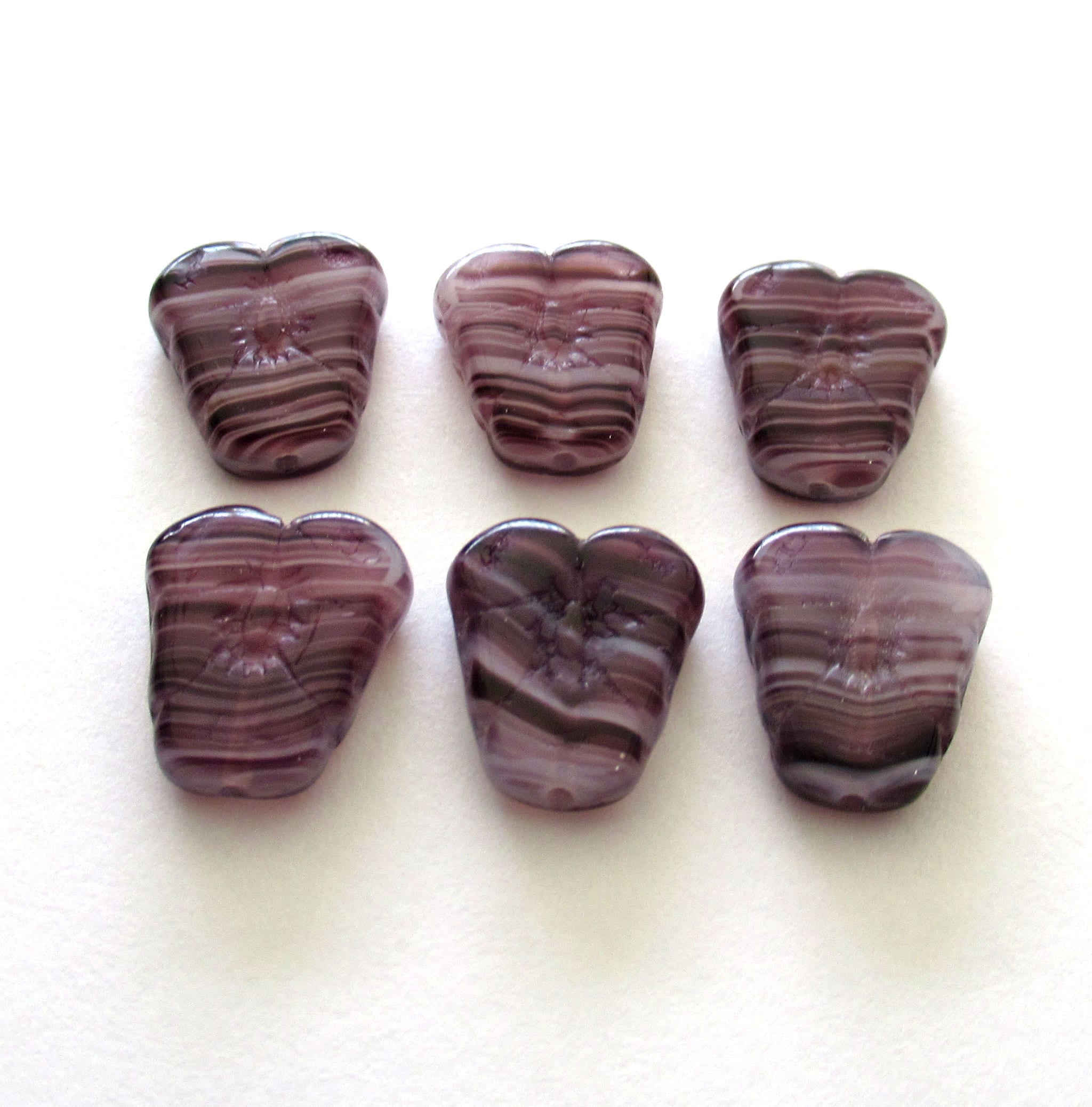 Twelve Czech glass purple pansy flower beads - 13 x 11mm milky white beads with purple stripes - C0058