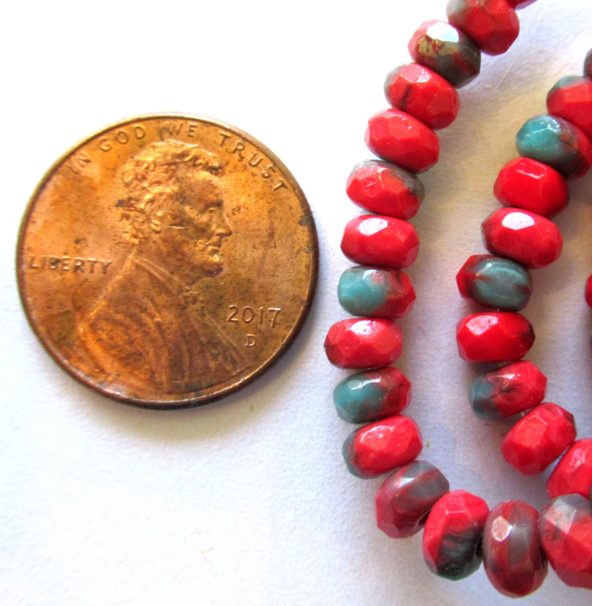 30 small Czech glass faceted puffy rondelles - 3 x 5mm opaque marbled mix of red & turquoise blue green glass rondelle beads 00531