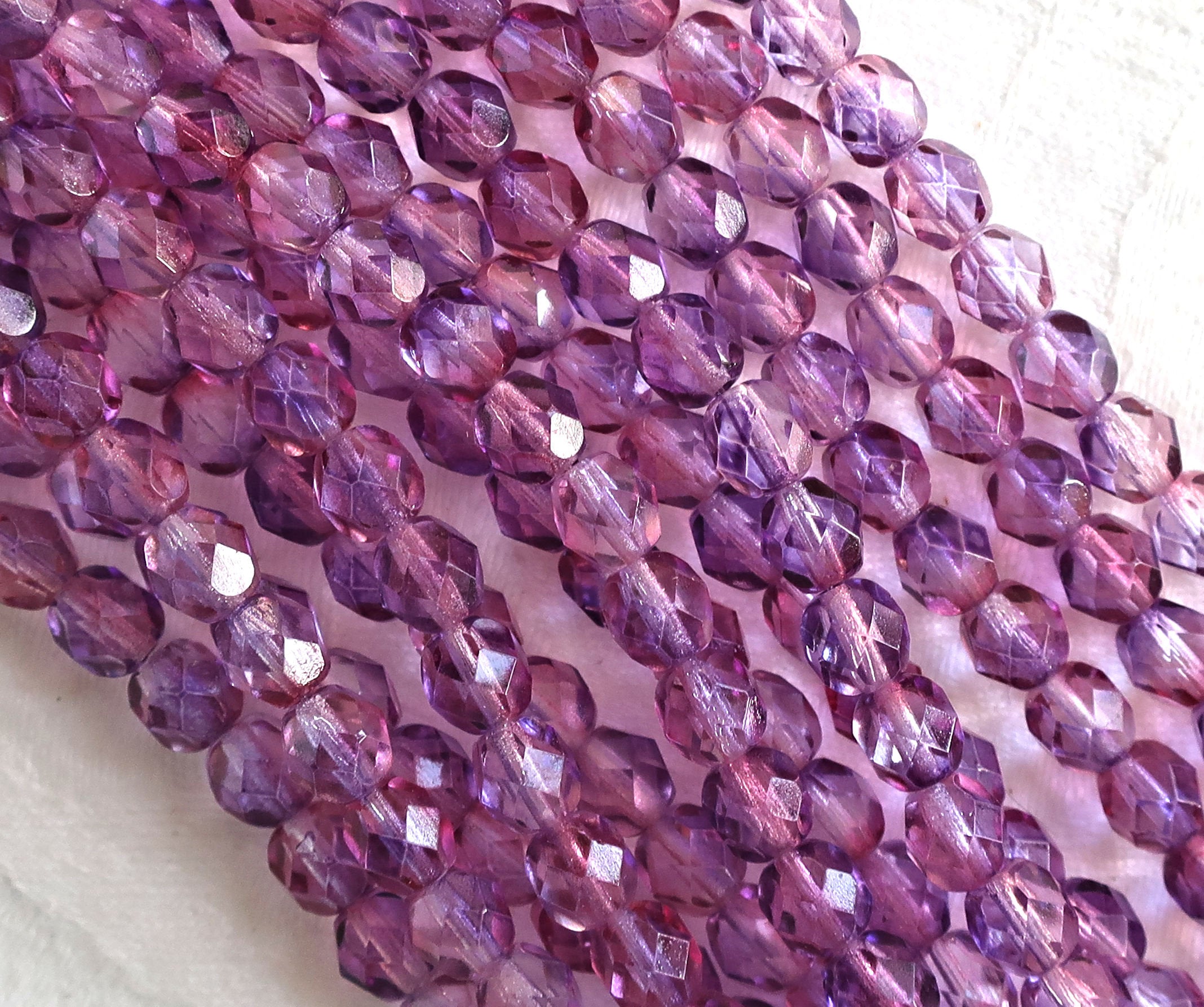 25 6mm Czech glass beads, Amethyst Fuchsia dual coated pink & purple faceted, round, fire polished beads 6425