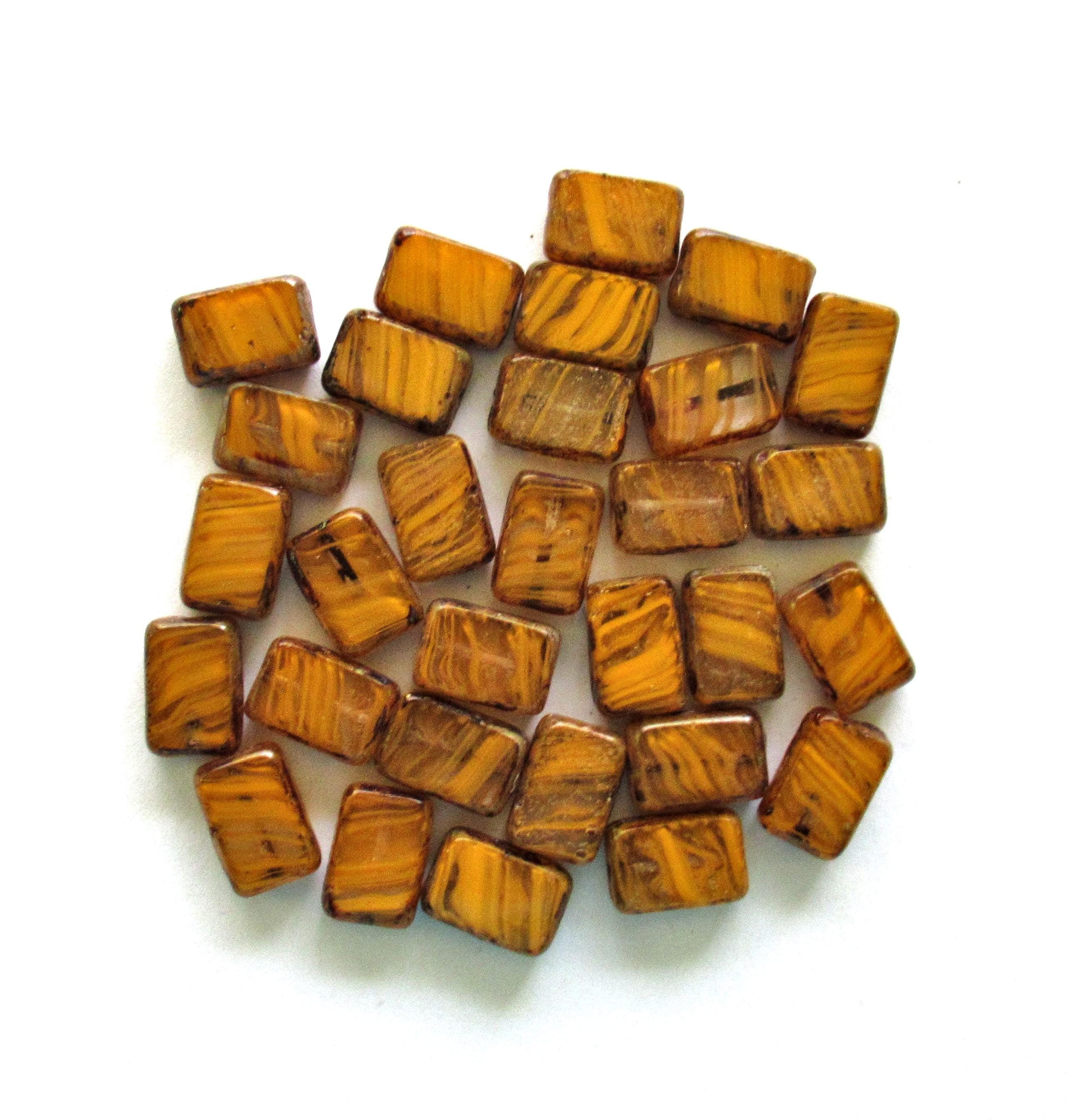 10 Czech glass rectangle beads - burnt orange & crystal clear striped picasso beads - 12 x 8mm - rustic rectangular table cut beads - C00621