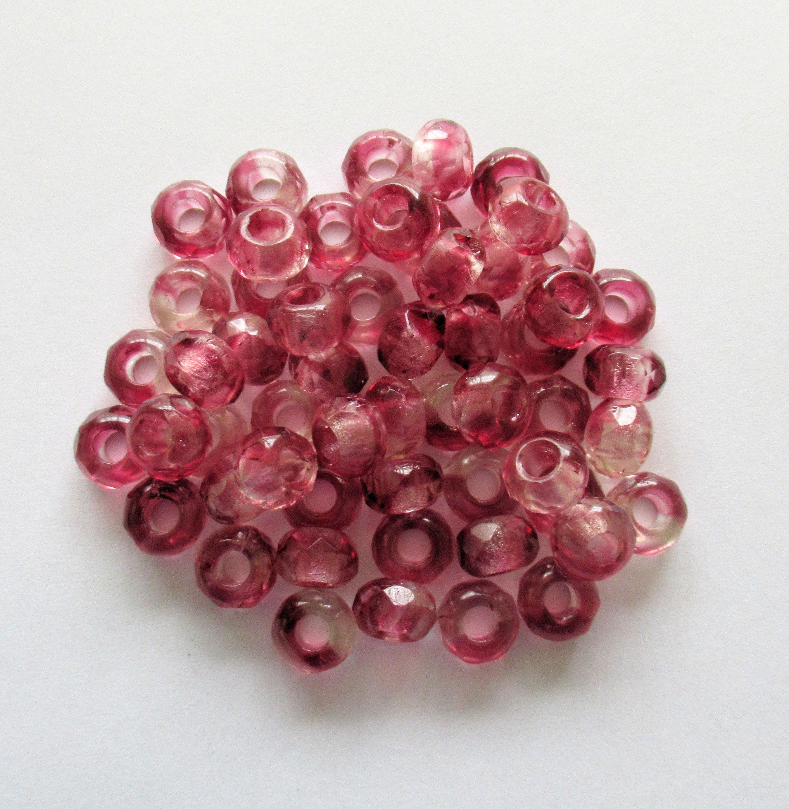 Ten Czech glass faceted roller beads - 9mm x 6mm - pink and crystal clear marbled tyre beads - big 3.38mm hole beads - C1901