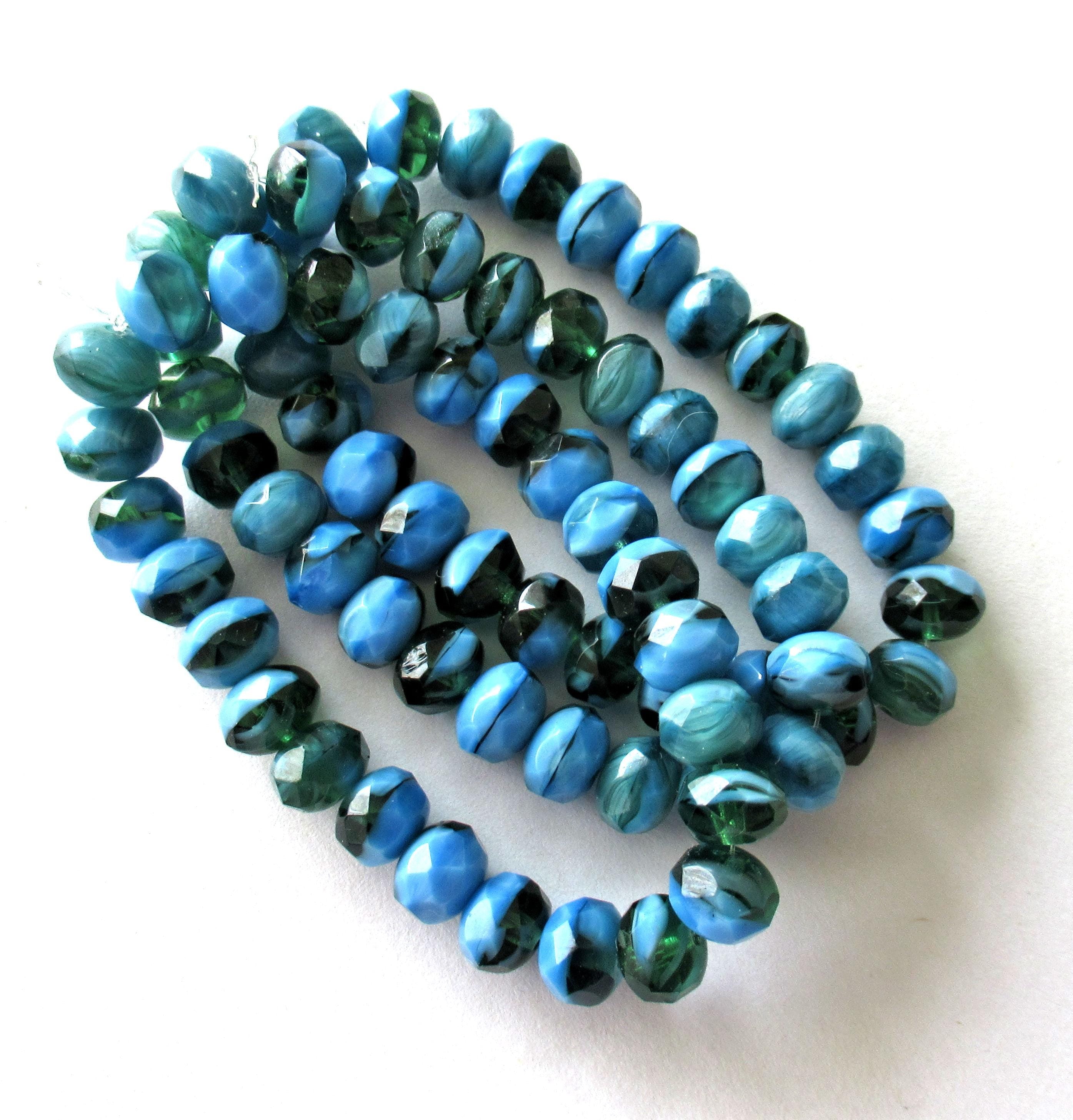 Czech glass puffy rondelle beads - 6 x 9mm - marbled opaque blue & transparent green - faceted fire polished beads - 25 pcs - C00662
