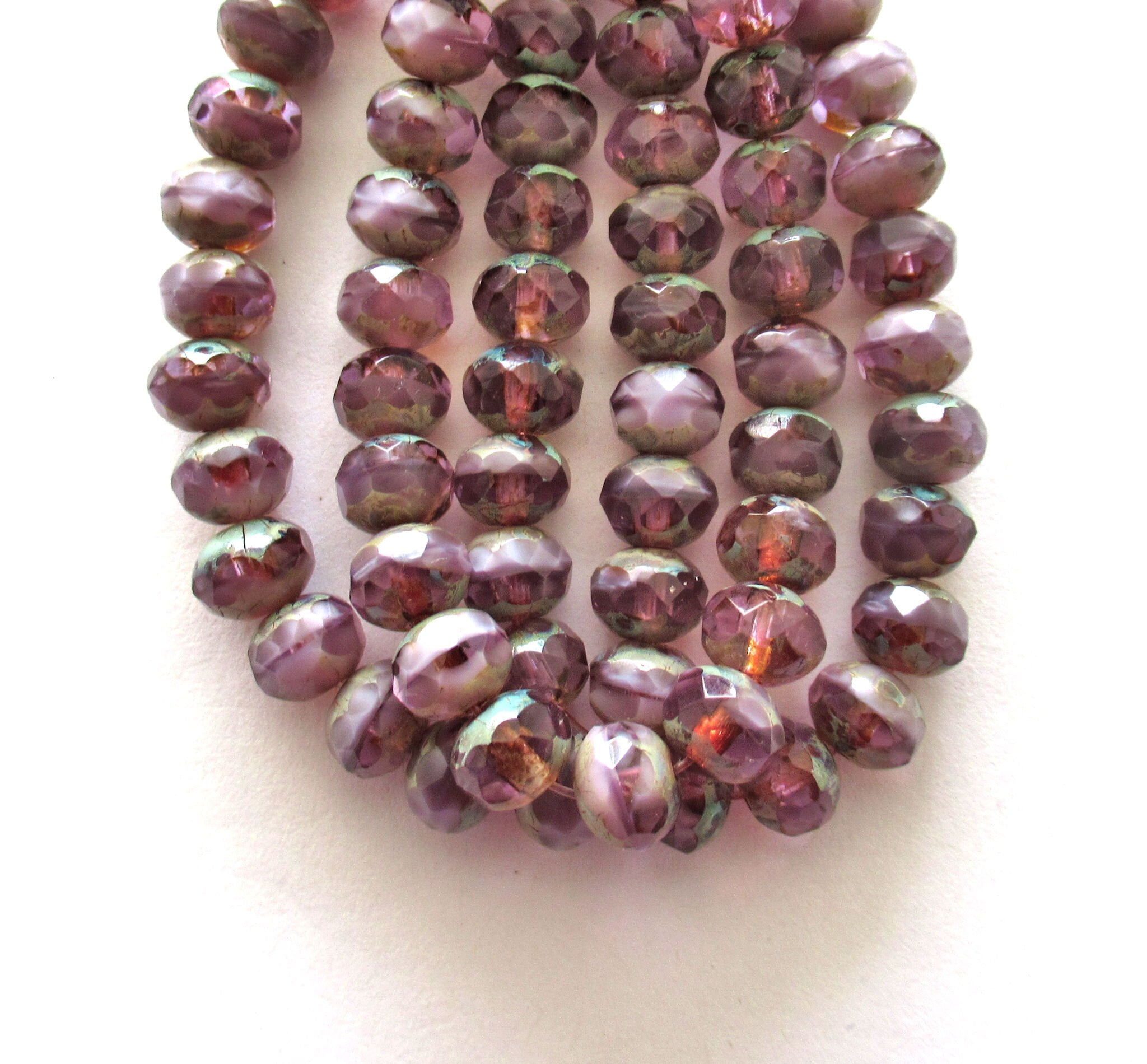 25 Czech glass faceted puffy rondelle beads - 5 x 7mm transparent & opaque purple lavender light amethyst mix picasso rondelles C00112
