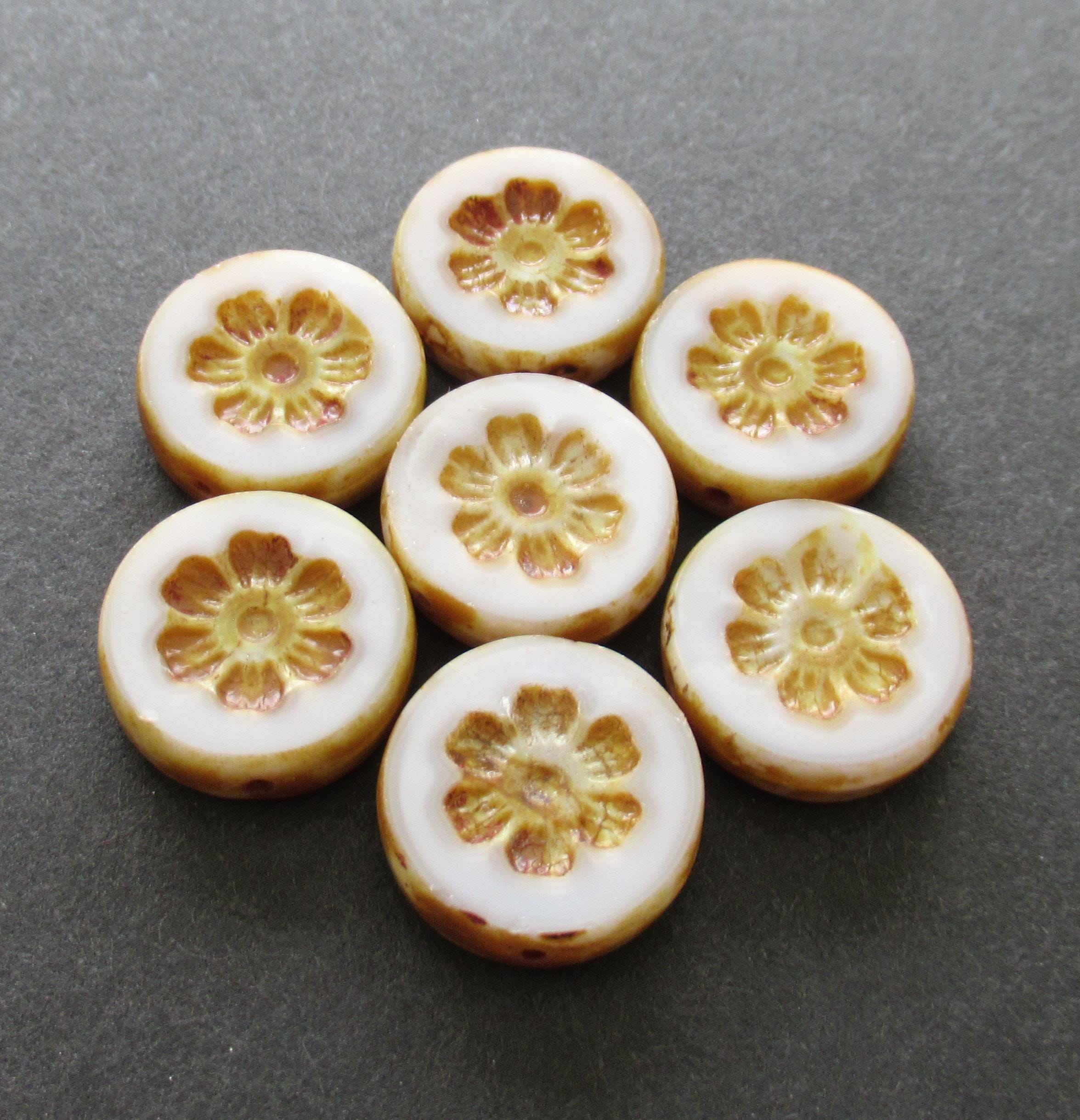 Six 16mm Czech glass flower beads - opaque white silky picasso beads - thick floral coin beads - table cut carved - C00891