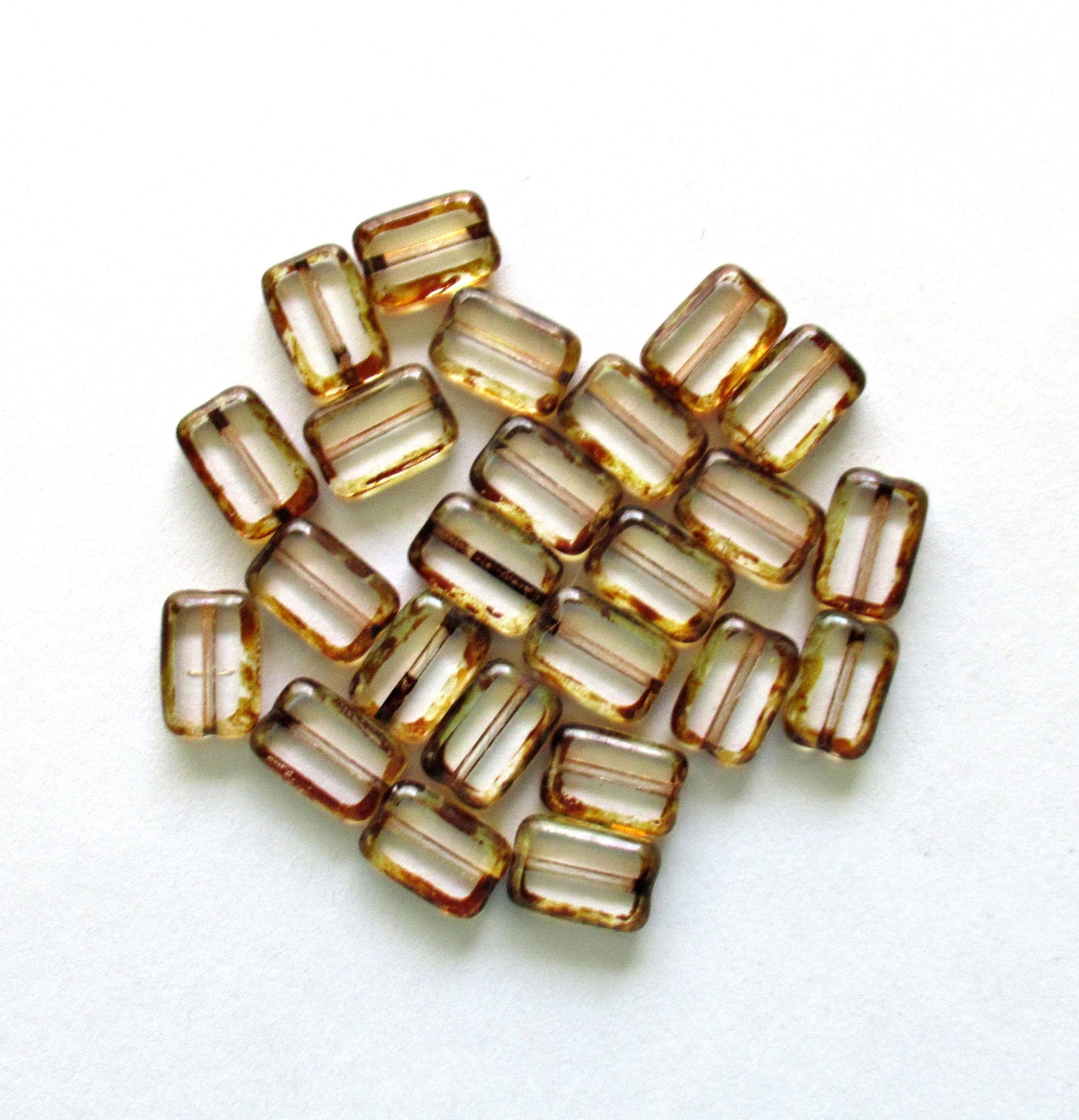 24 Czech glass rectangle beads - crystal clear beads with a brown picasso accents - table cut rectangular beads - 12mm x 8mm - C00181