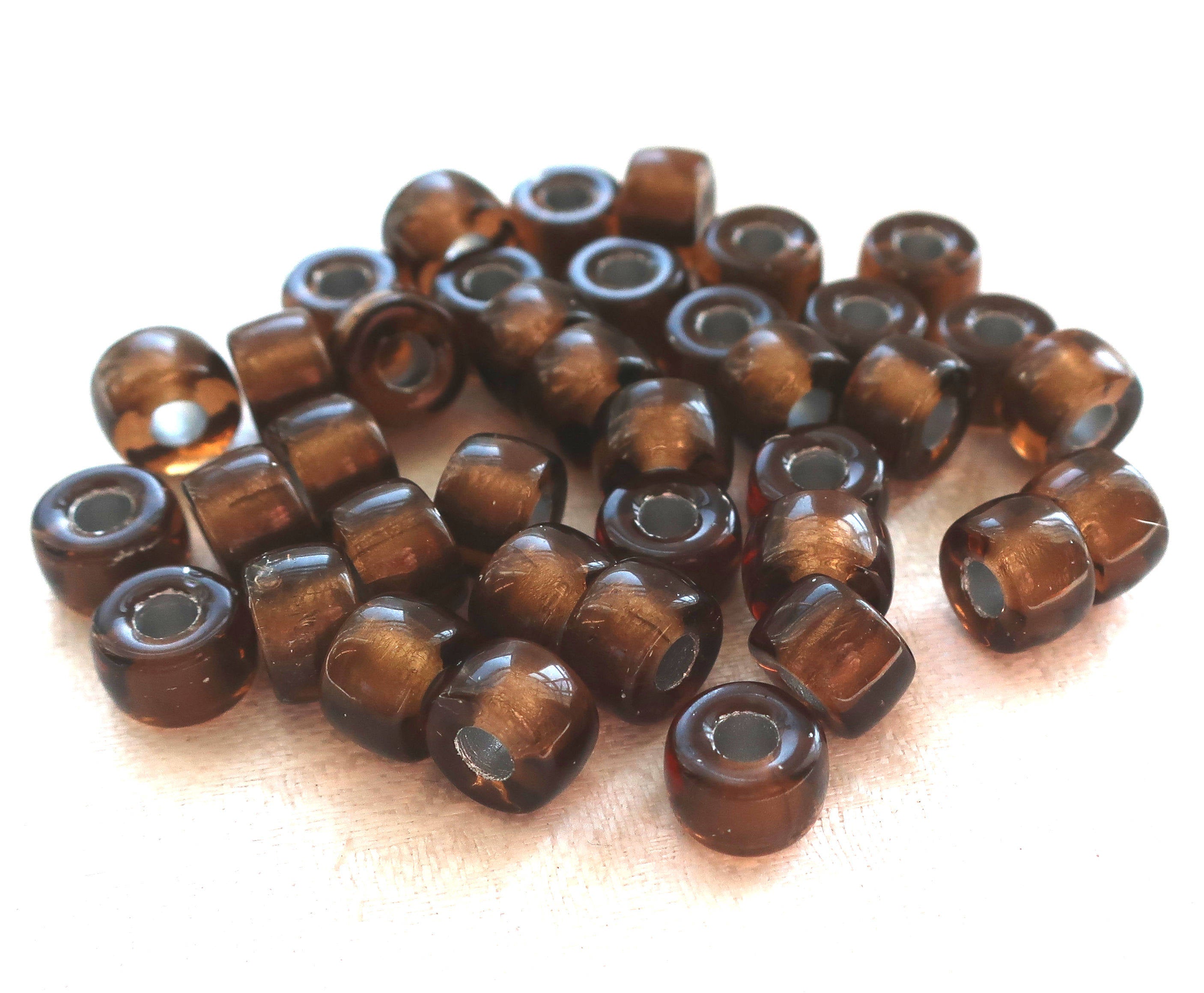 Lot of 25 9mm Smoky Topaz, Brown, Silver Lined Czech glass pony beads, roller or crow beads with large big 3mm holes C0087