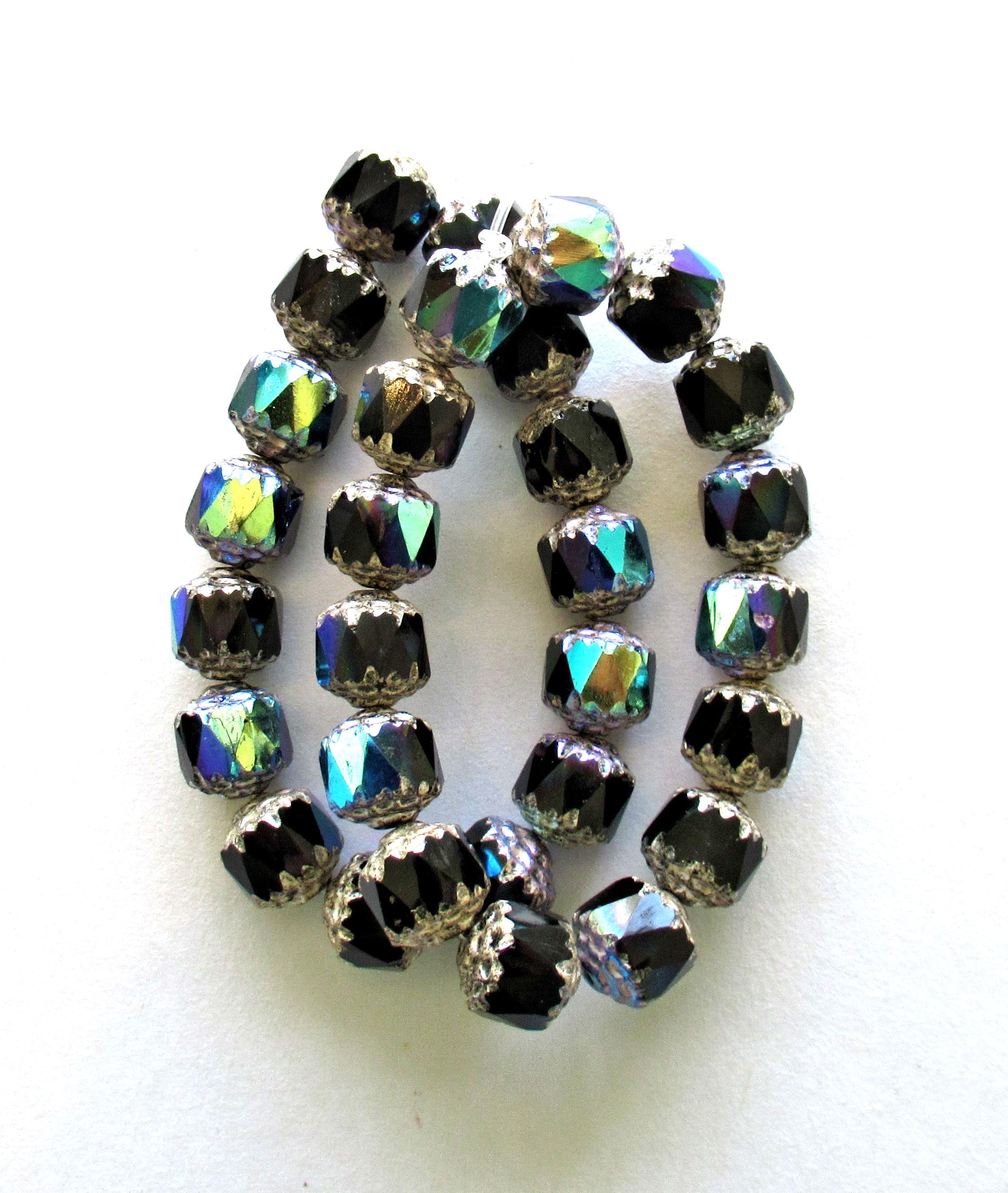 Fifteen 8mm Czech glass cathedral beads - jet black ab w/ silver picasso accents - faceted fire polished antique cut beads - C00361