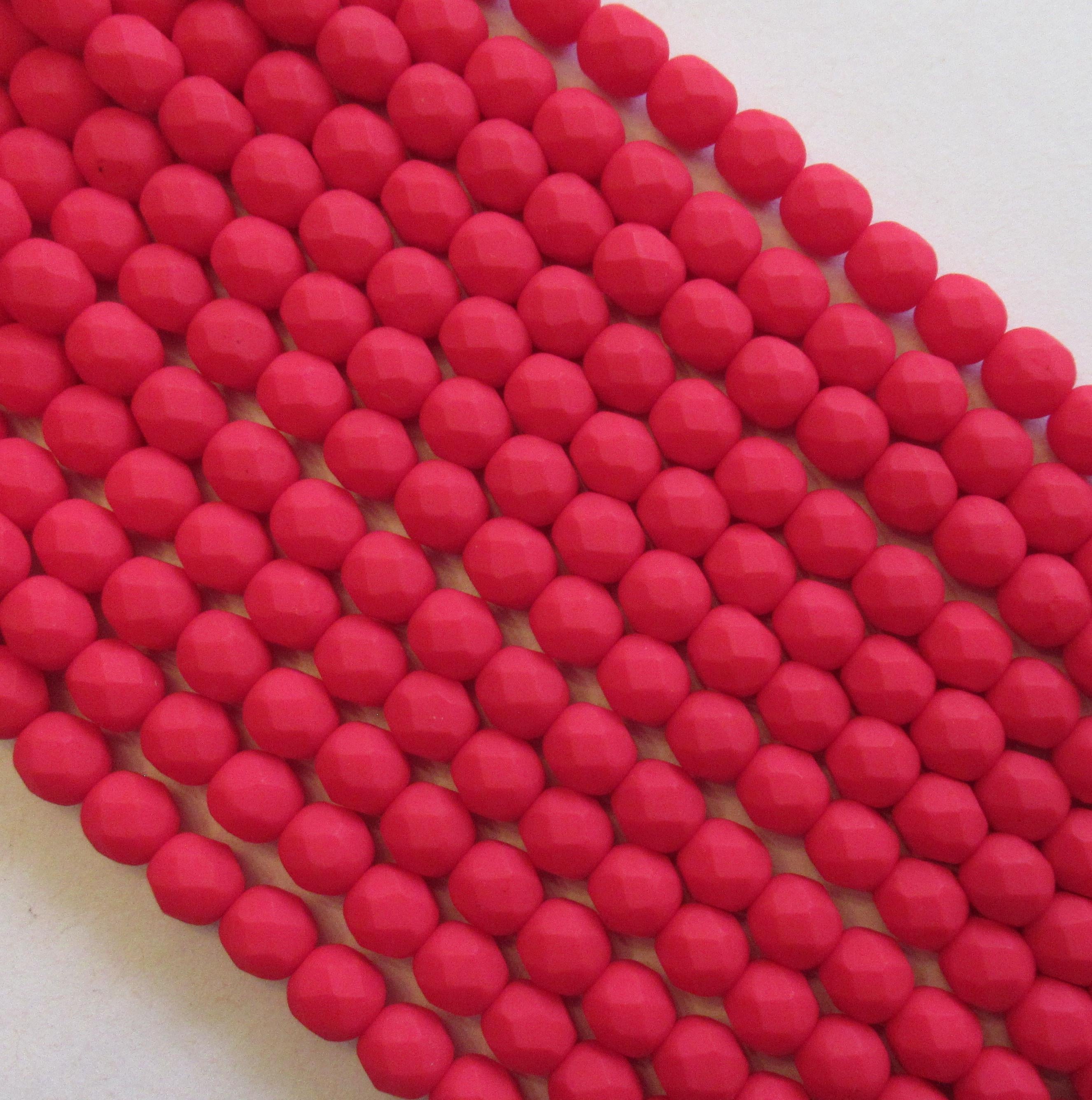 25 6mm Czech glass faceted red beads - opaque Saturated Red matte beads - fire polished round beads - C0016