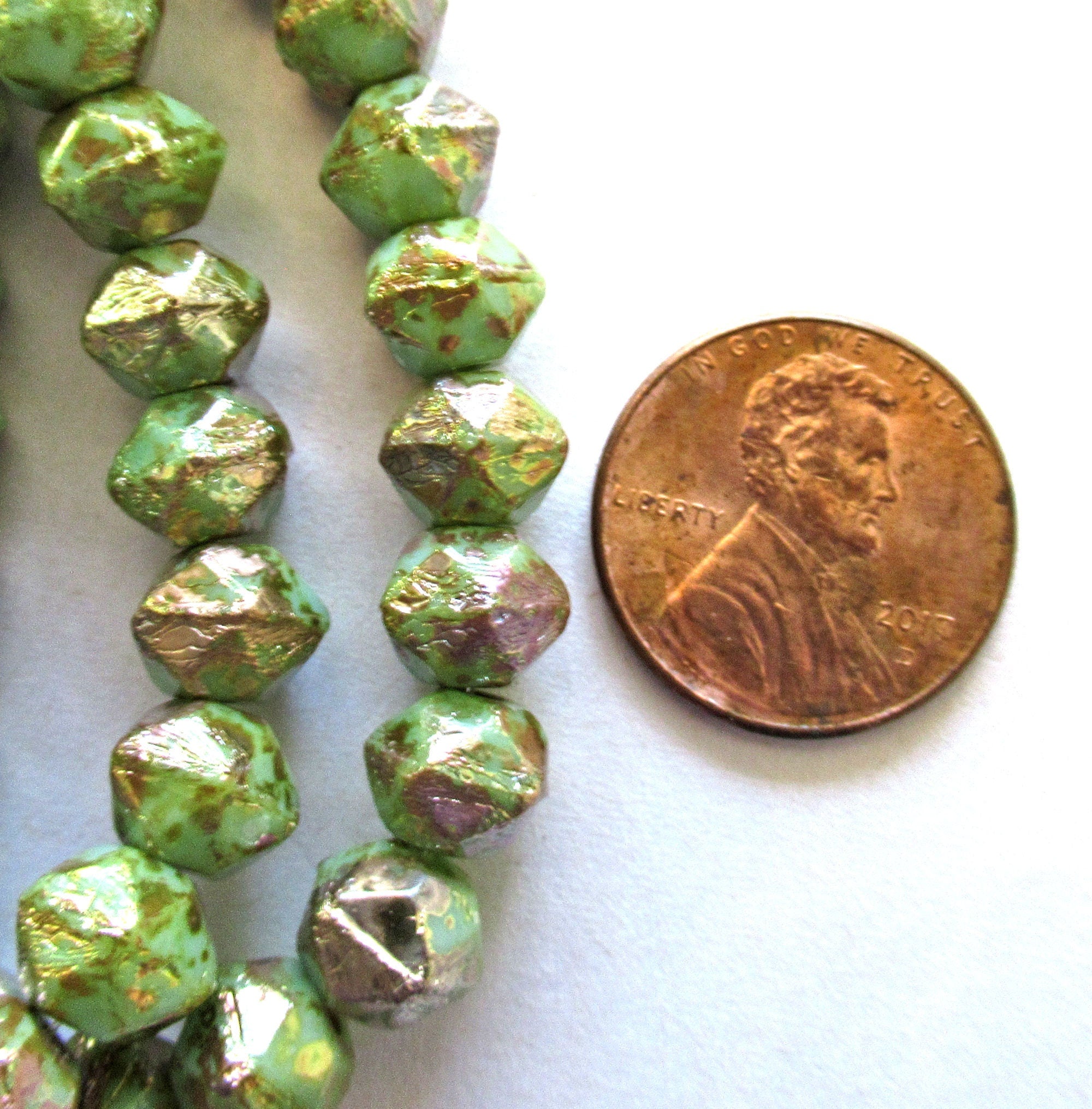 20 8mm Czech glass faceted English cut beads - green beads with a gold picasso finish - C00031