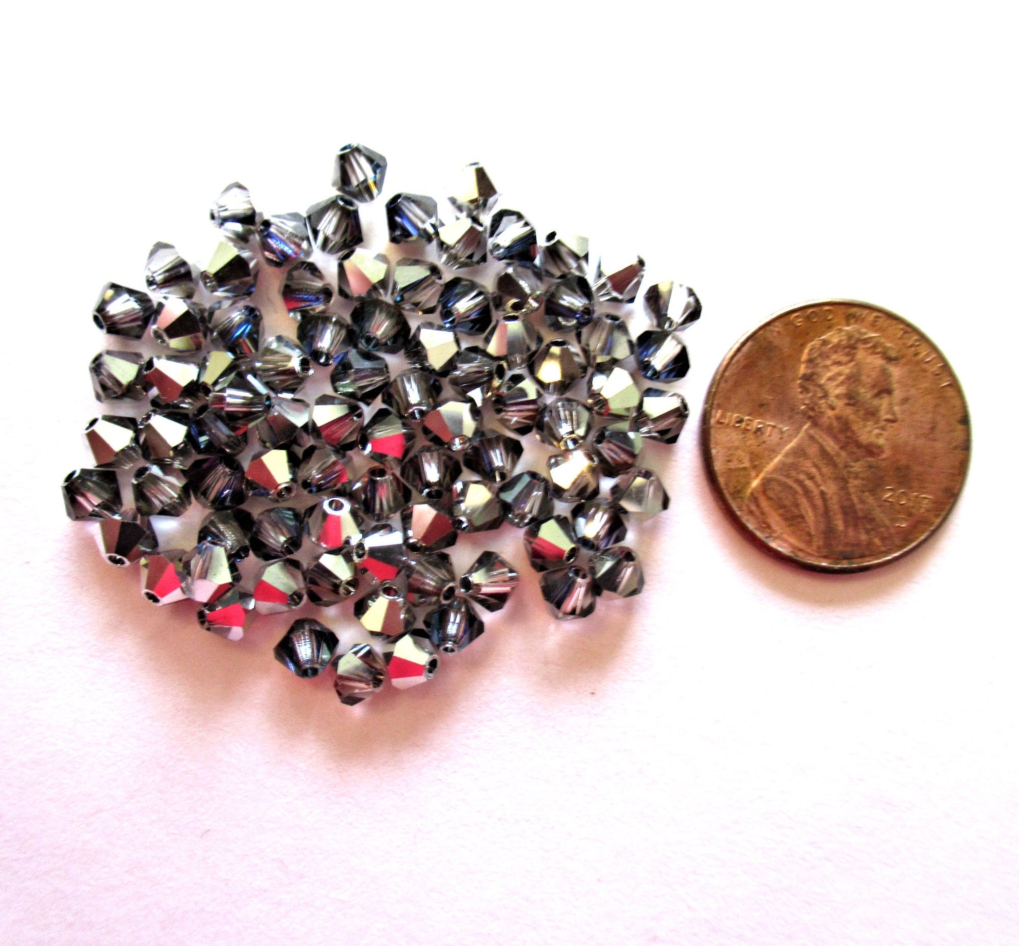 Lot of 24 4mm Crystal Heliotrope AB Czech Preciosa Crystal bicone beads - faceted silver, blue violet bicones C0035