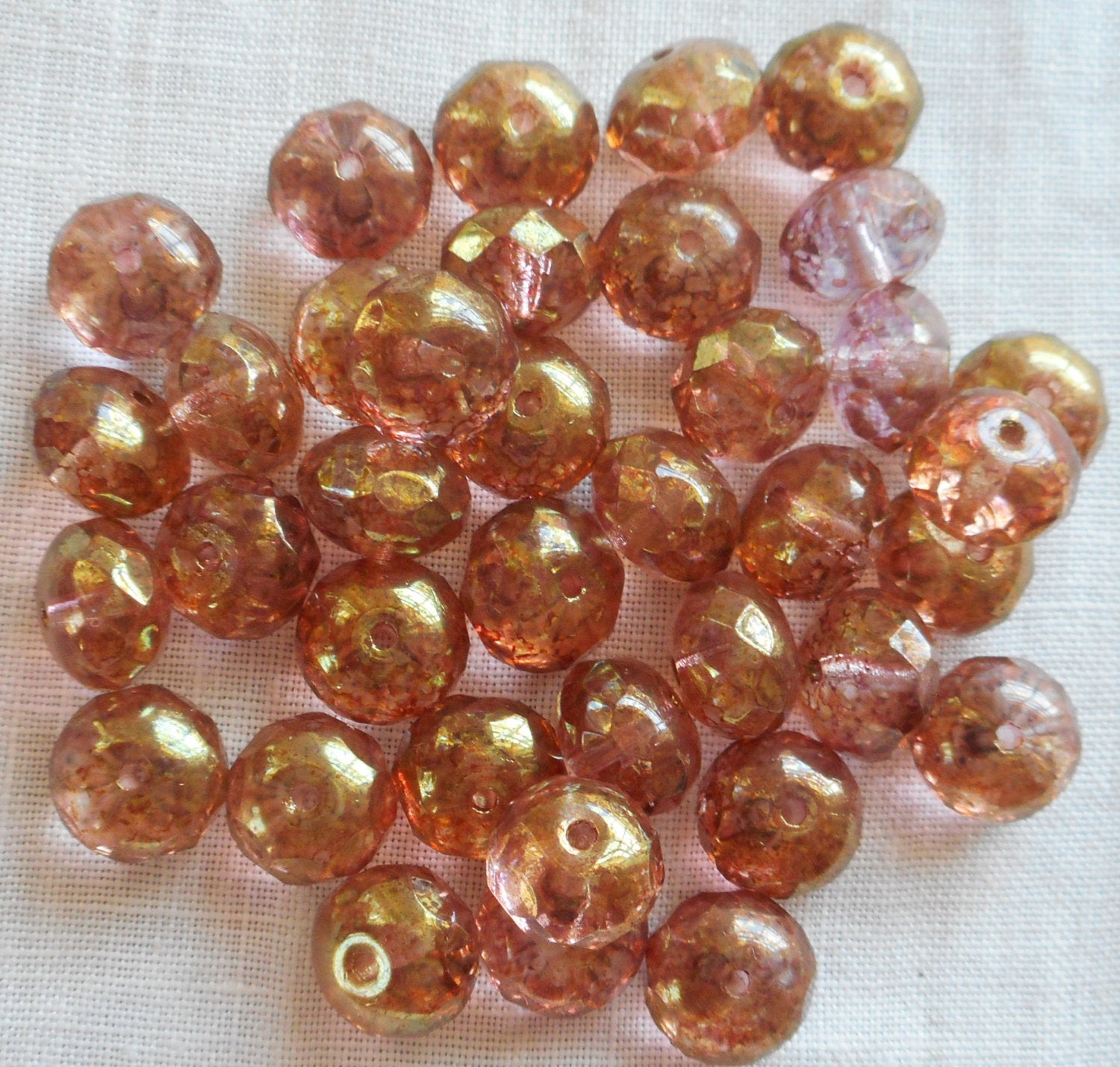 Lot of 25 Lumi Pink Picasso puffy rondelles , 6 x 9mm faceted Czech glass rondelle beads C91101