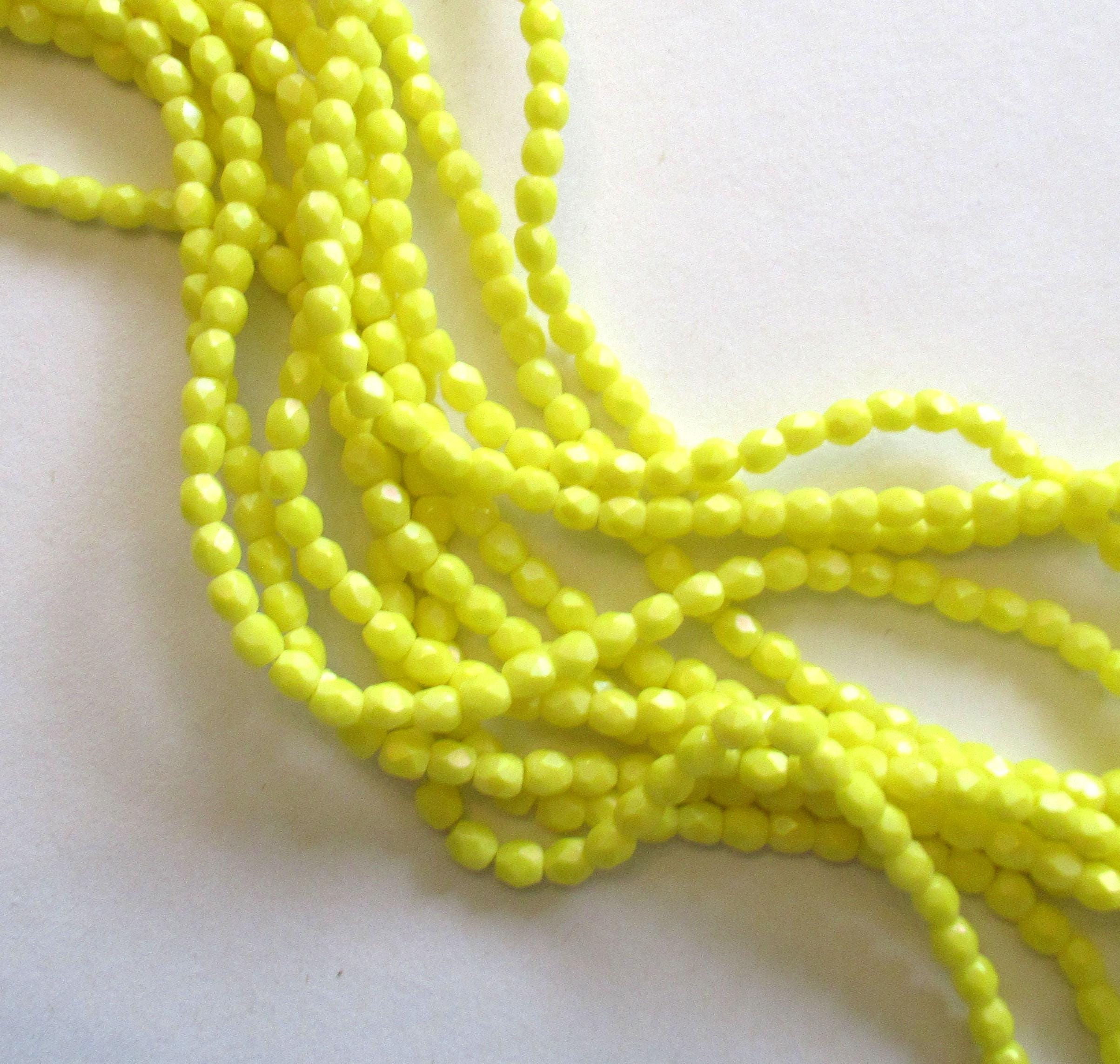 50 3mm Czech glass yellow beads - opaque bright yellow - Matte Luster Iris Custard - fire polished faceted round beads - C0055