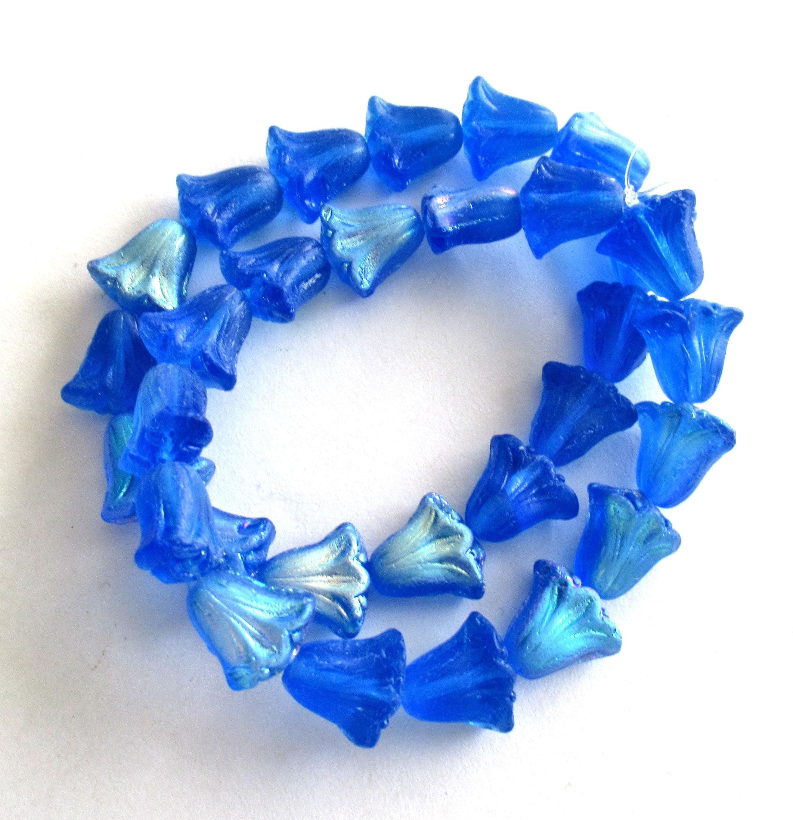 15 Czech glass flower beads - 9 x 10mm translucent matte sapphire blue ab beads - lily flower beads C00002