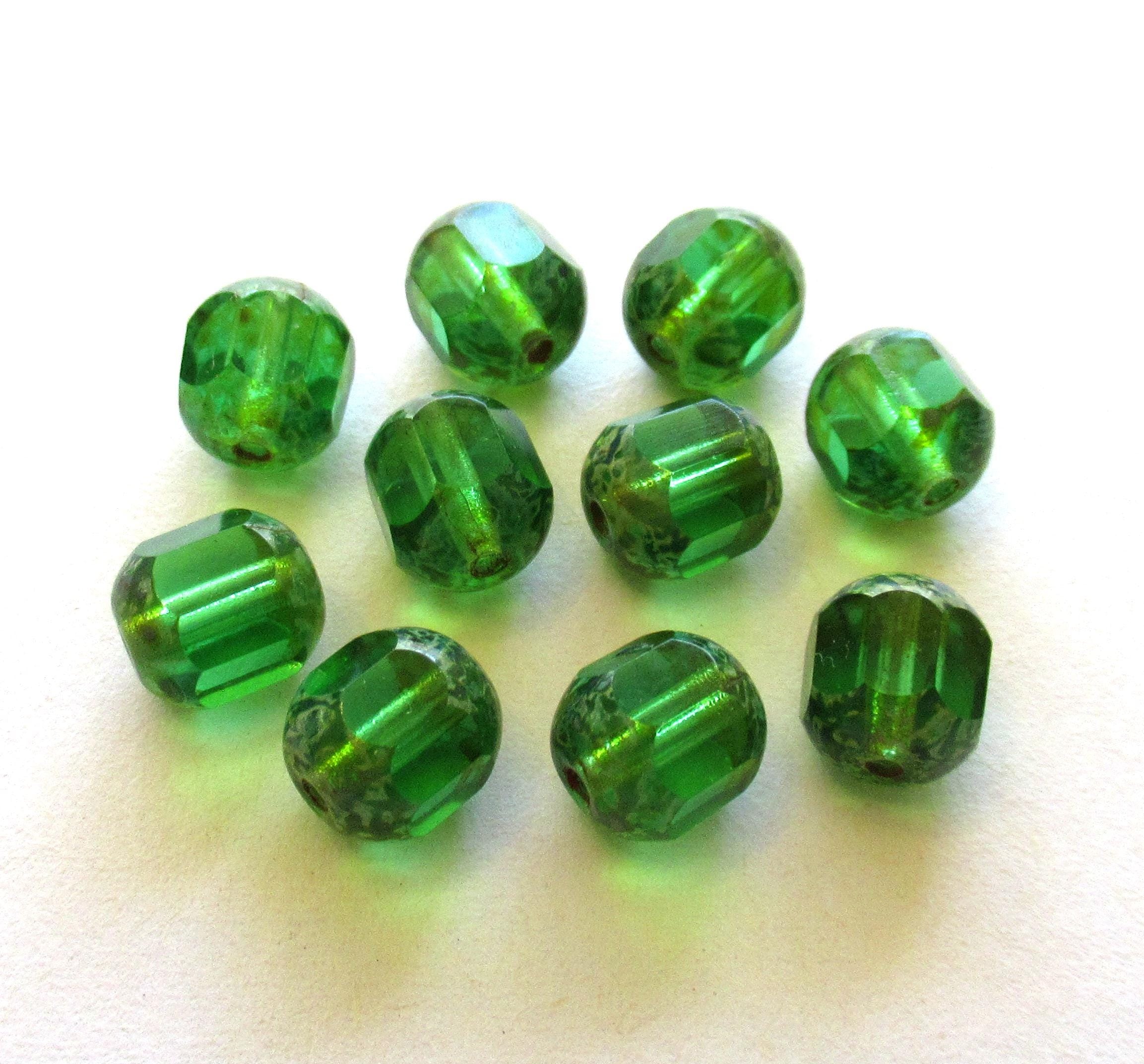 15 Czech glass faceted cathedral or barrel beads six sides - 8mm - emerald green beads with a picasso finish on the ends - C0007