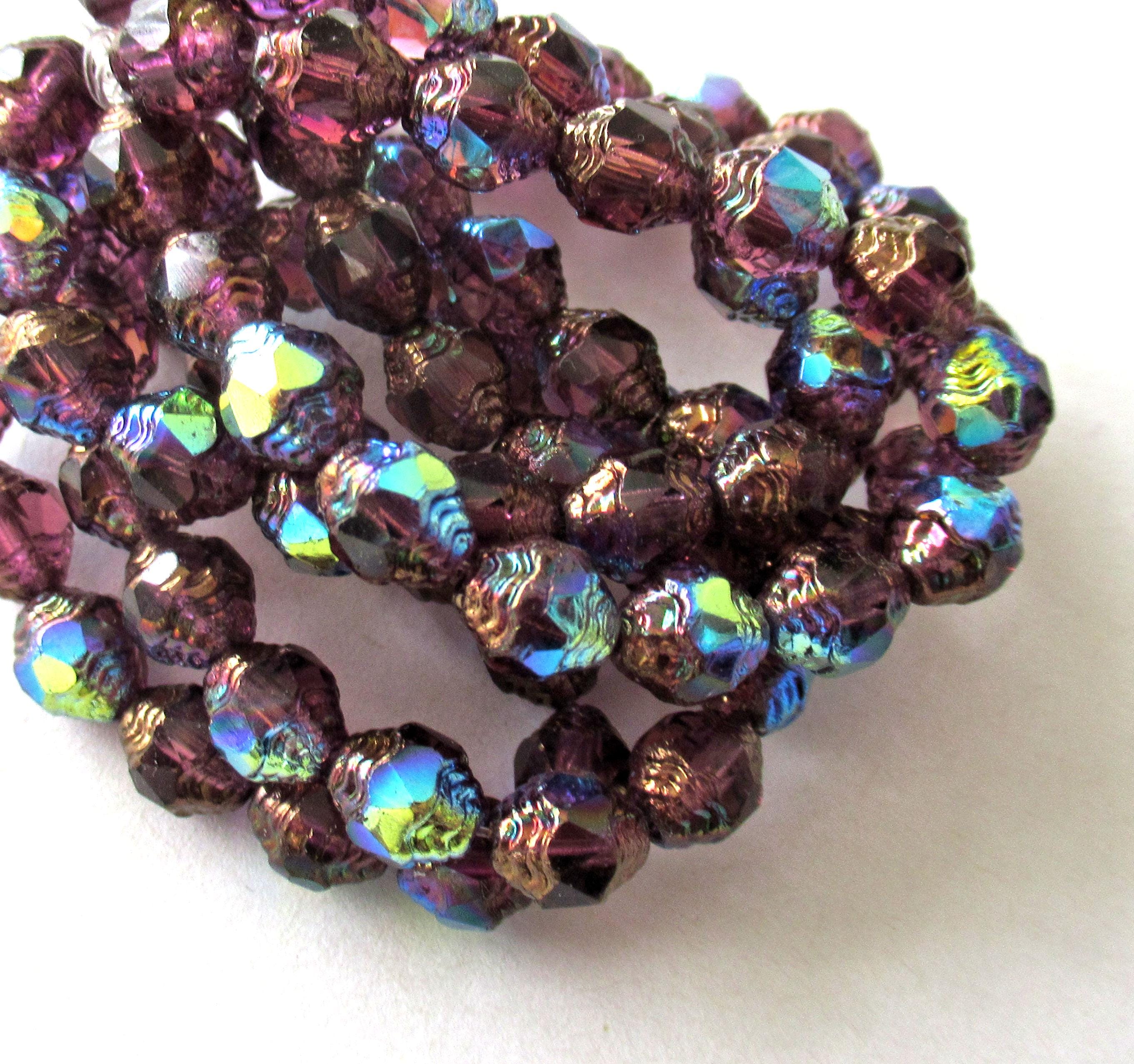 15 Czech glass mini antique style oval cathedral beads - 8 x 6mm amethyst purple ab beads with bronze accents - faceted fire polished beads - C00191