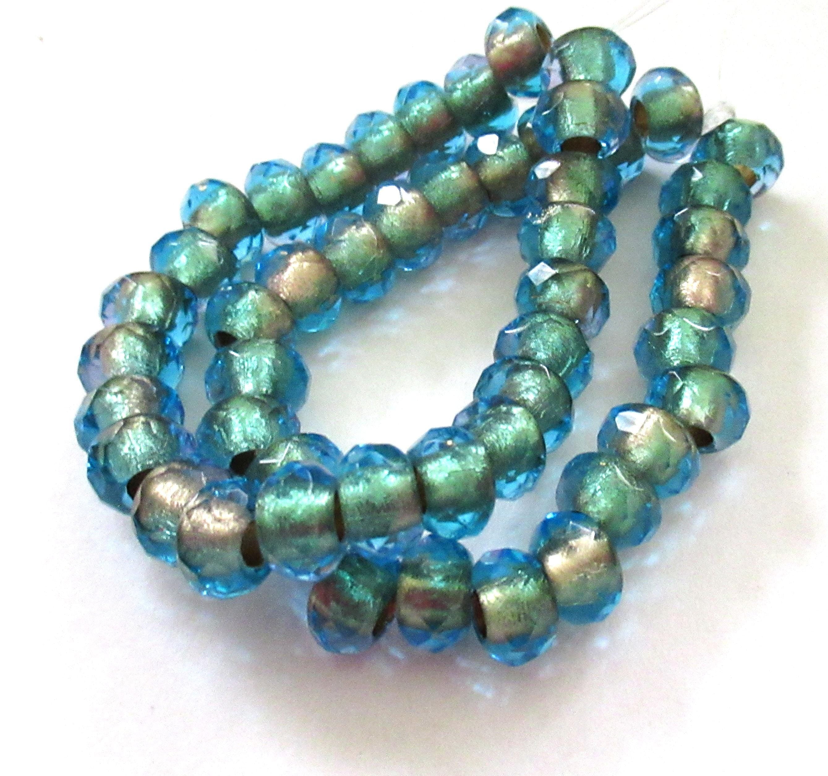 Ten faceted Czech glass roller or rondelle beads - blue gold lined - 9 x 6mm - big 3mm holes - big hole donut beads 00911
