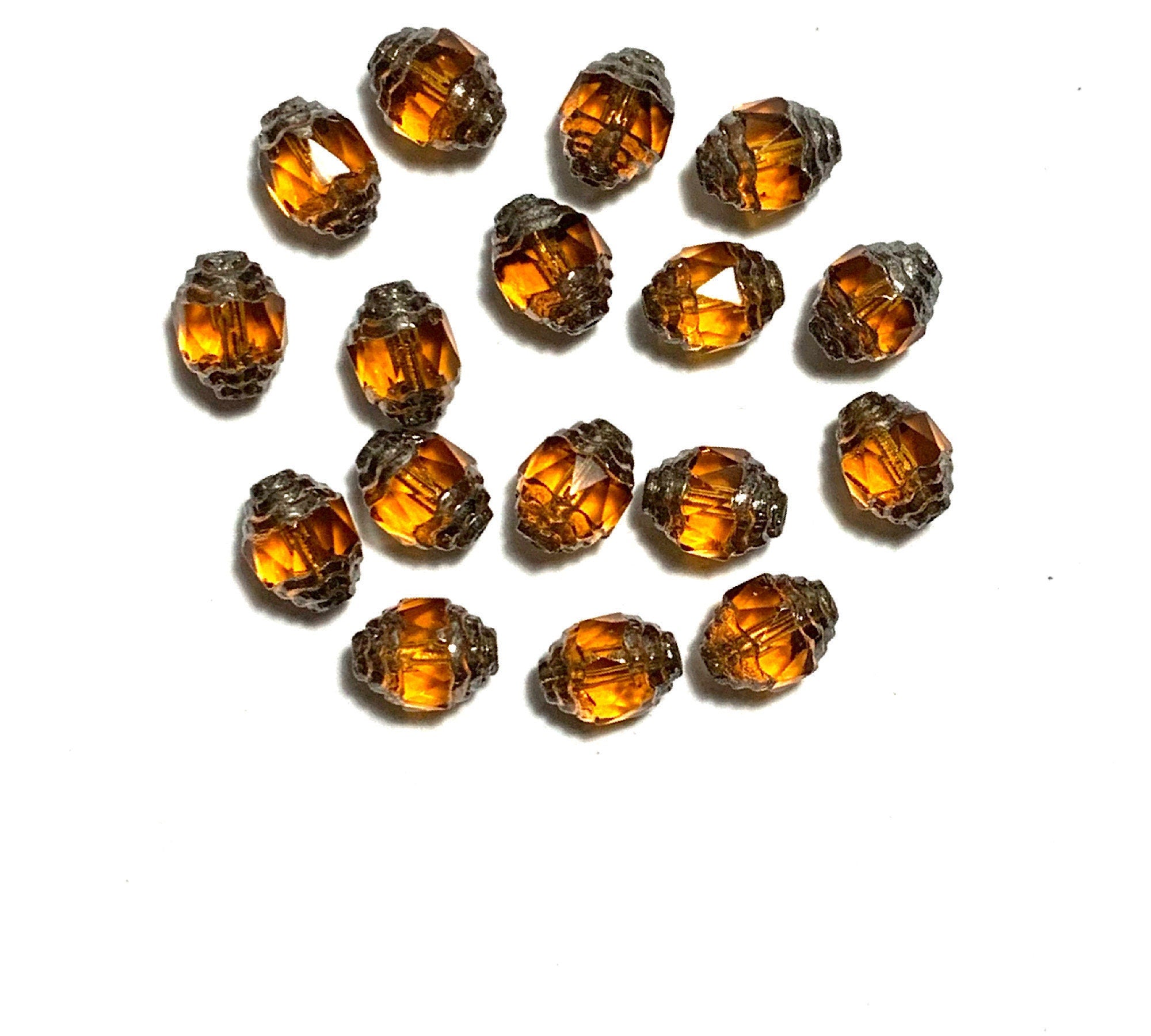15 Czech glass fire polished faceted fancy antique cut oval cathedral beads - 10 x 8mm topaz brown beads with silver accents - C0058