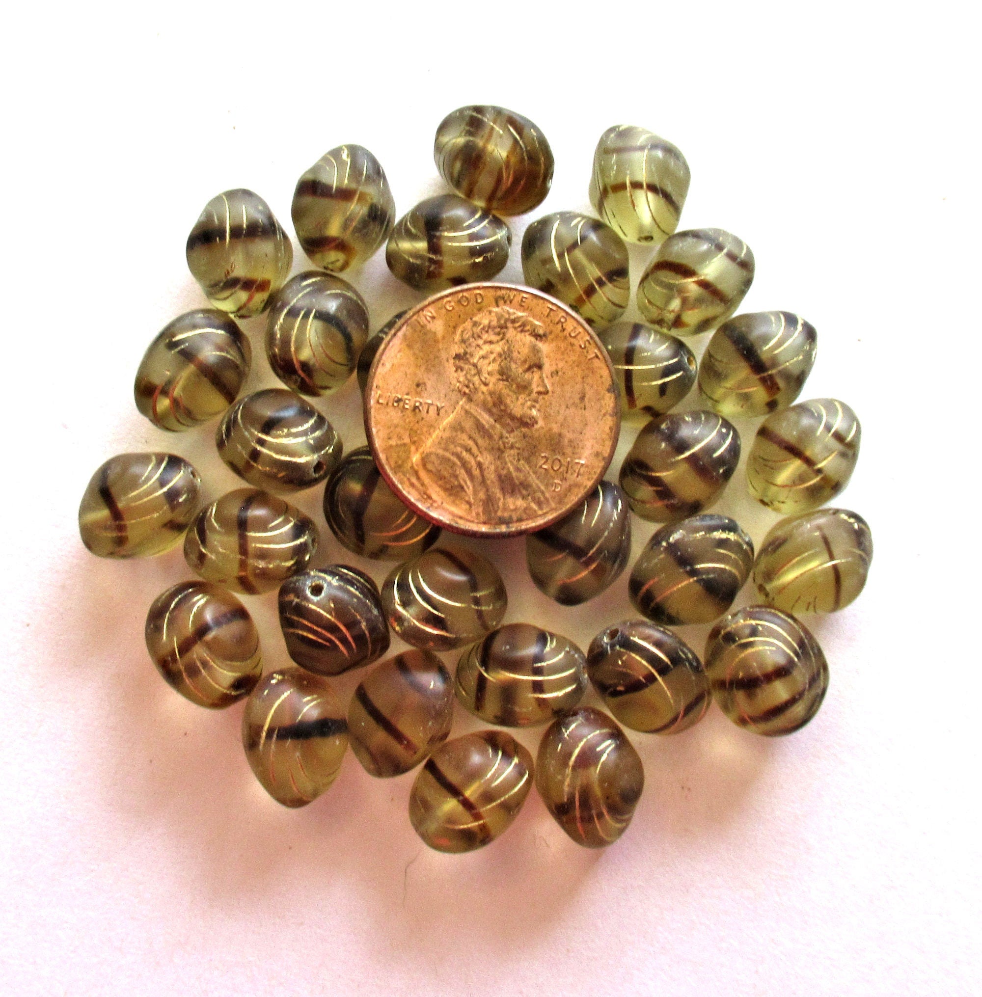 Lot of fifteen oval 10 x 9mm Czech glass snail beads - tortoise - tortoiseshell and gold carved glass snail beads - C00111
