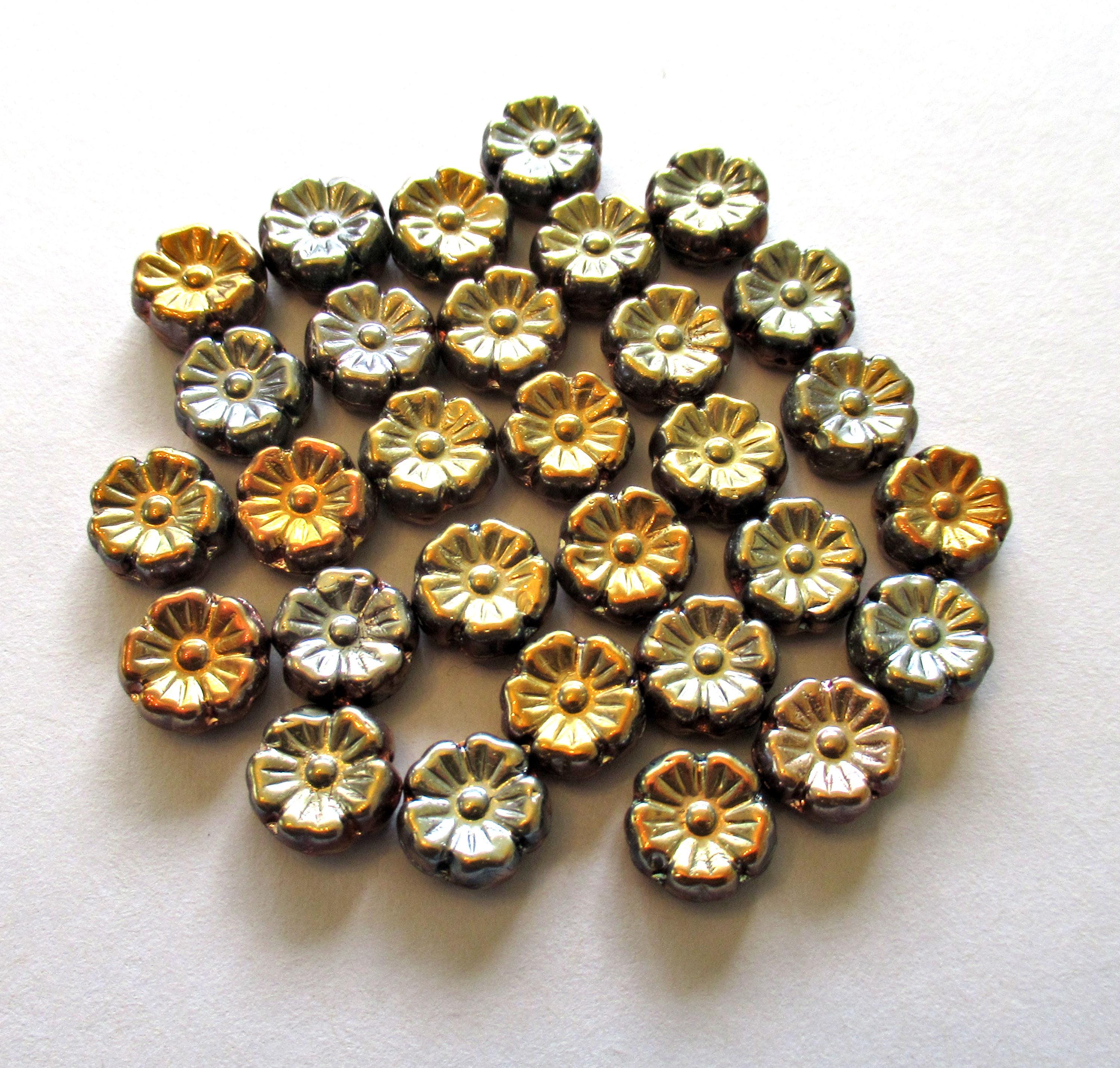 Fifteen 10mm Czech glass flower beads - neutral multicolored metallic beads - pressed glass Hawaiian hibiscus flower beads - C00121