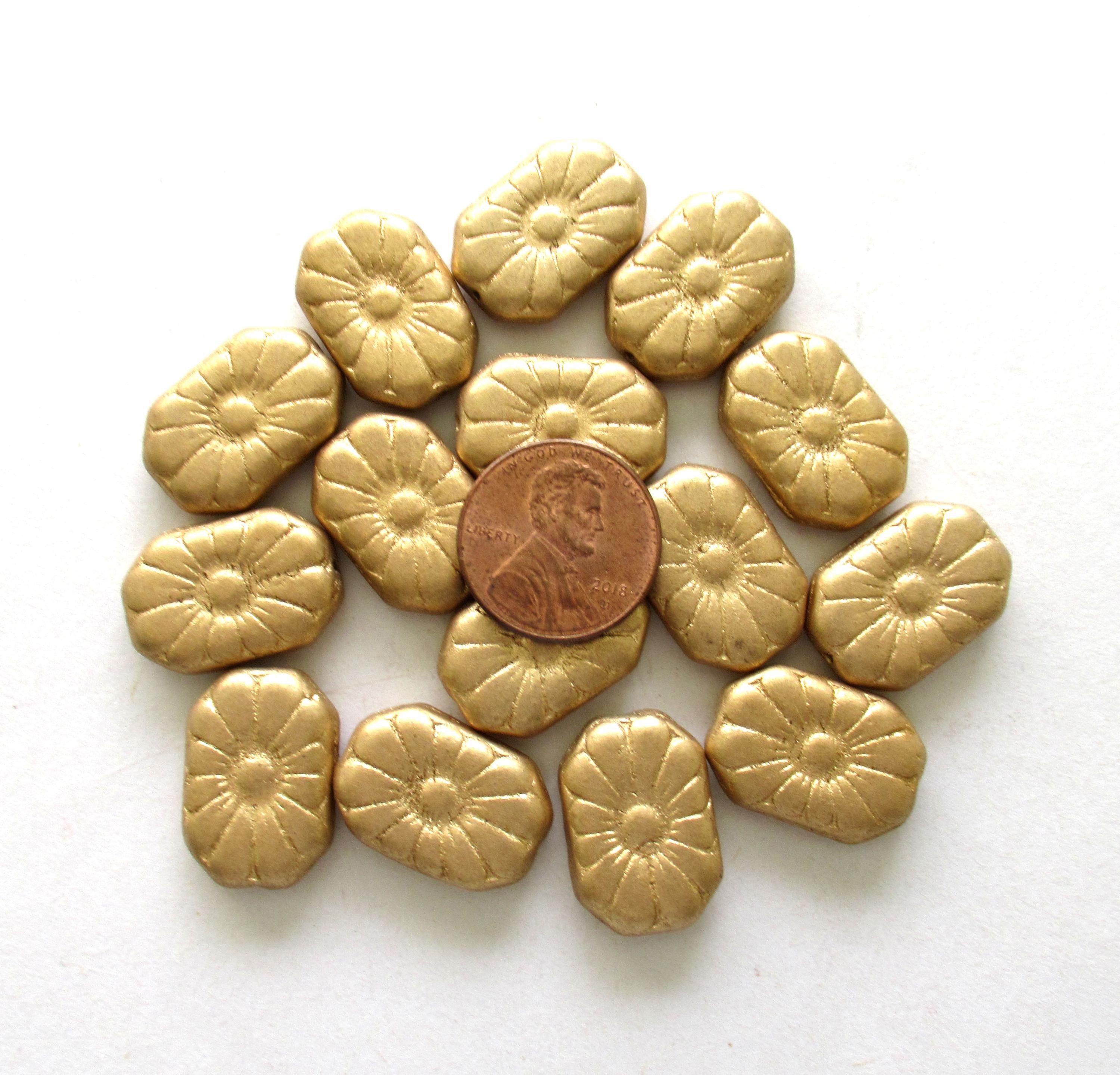 Five large Czech glass flower beads - matte gold rectangle beads - focal or statement beads - 19 x 14mm - C00011