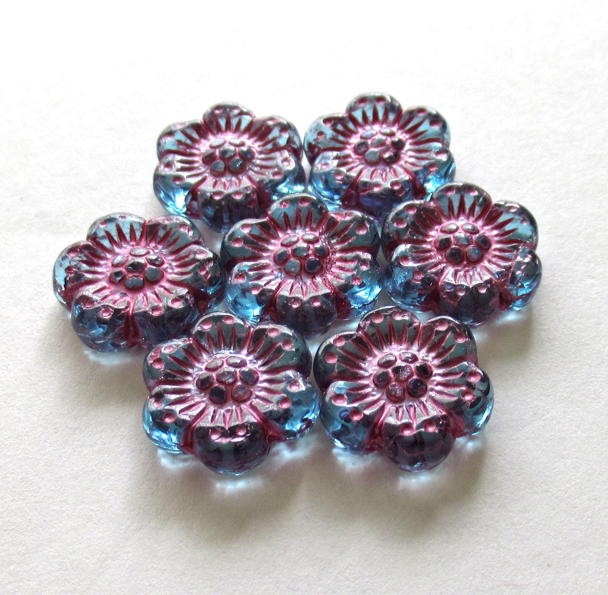 Twelve Czech glass wild rose flower beads - 14mm transparent light sapphire blue floral beads with a metallic pink wash - C00081