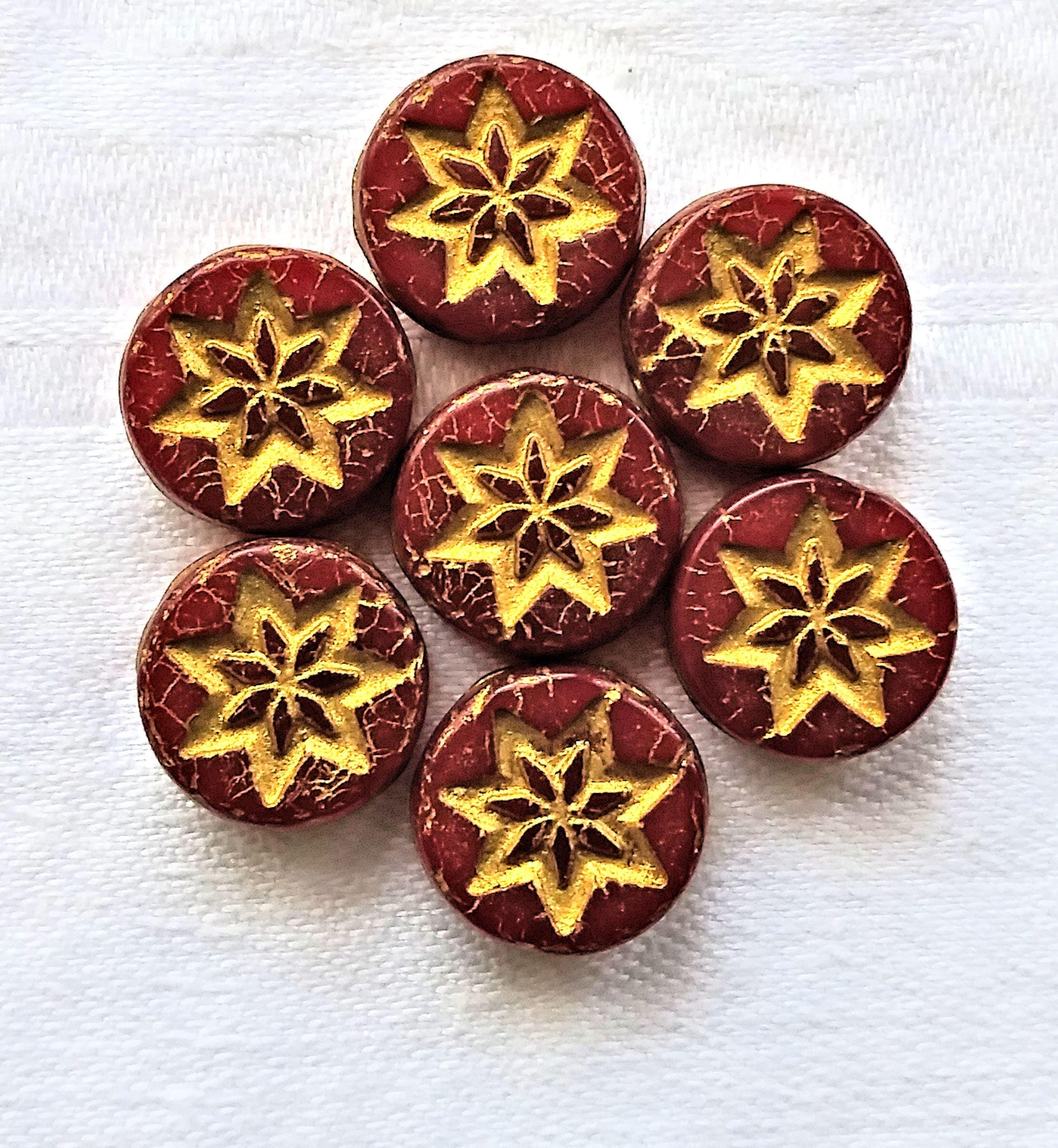 Ten 13mm coin or disc flower beads - translucent red opal with a gold wash - Czech glass star beads - 4.5mm thick C08201