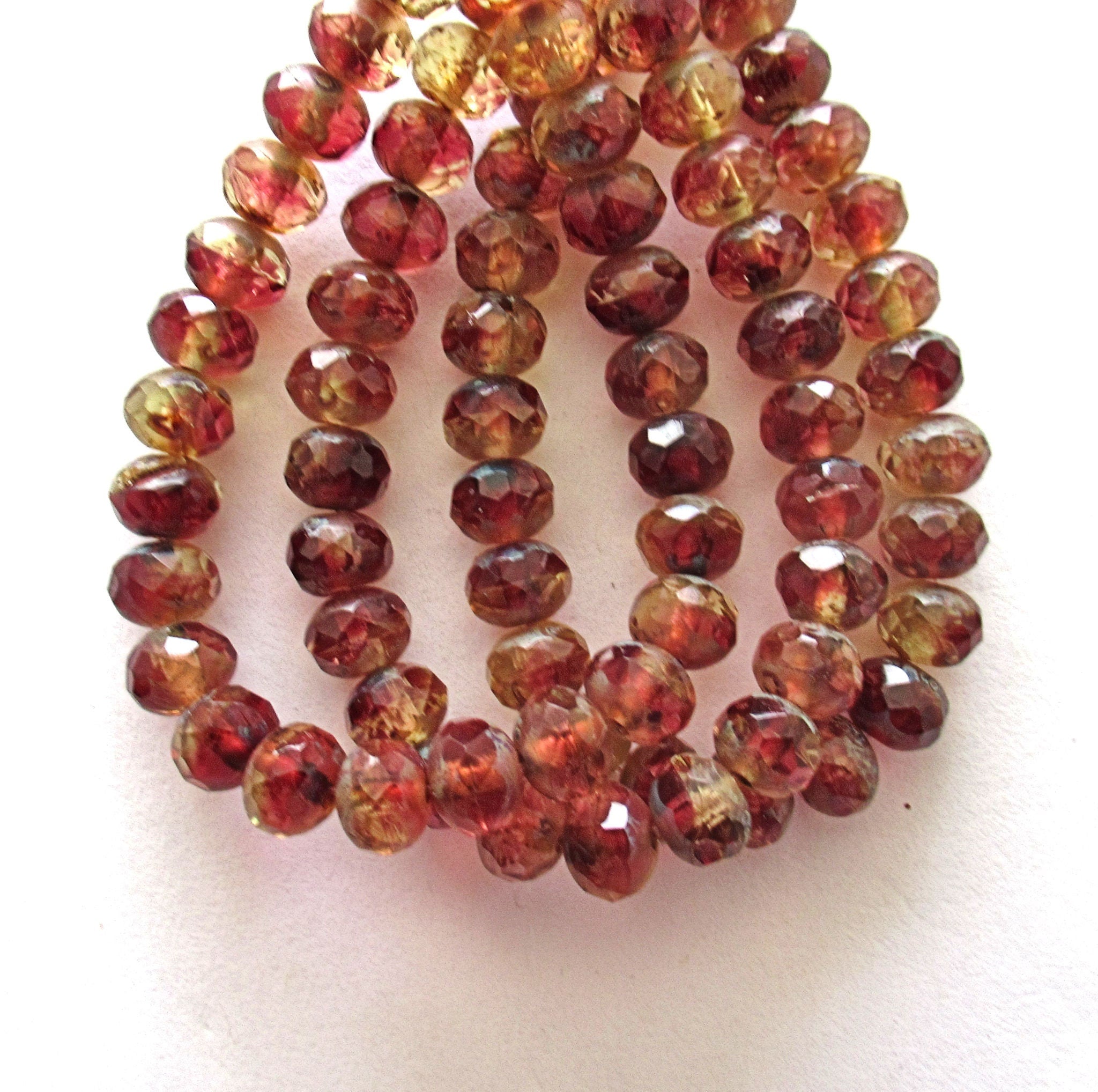 Lot of 25 Czech glass puffy rondelle beads - 5 x 7mm amber & pink color mix faceted rondelles C00961