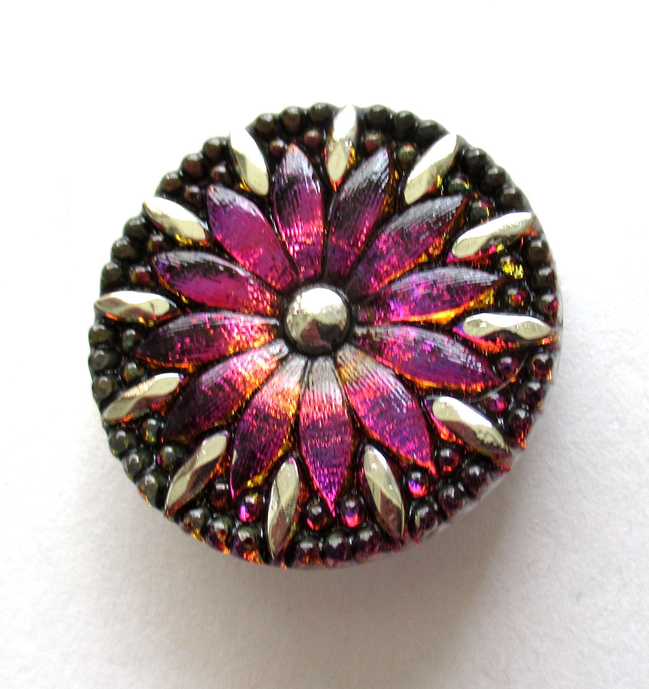 One large Czech glass flower button - iridescent purple pink & orange button with silver accents - 31mm - decorative shank button - 00004