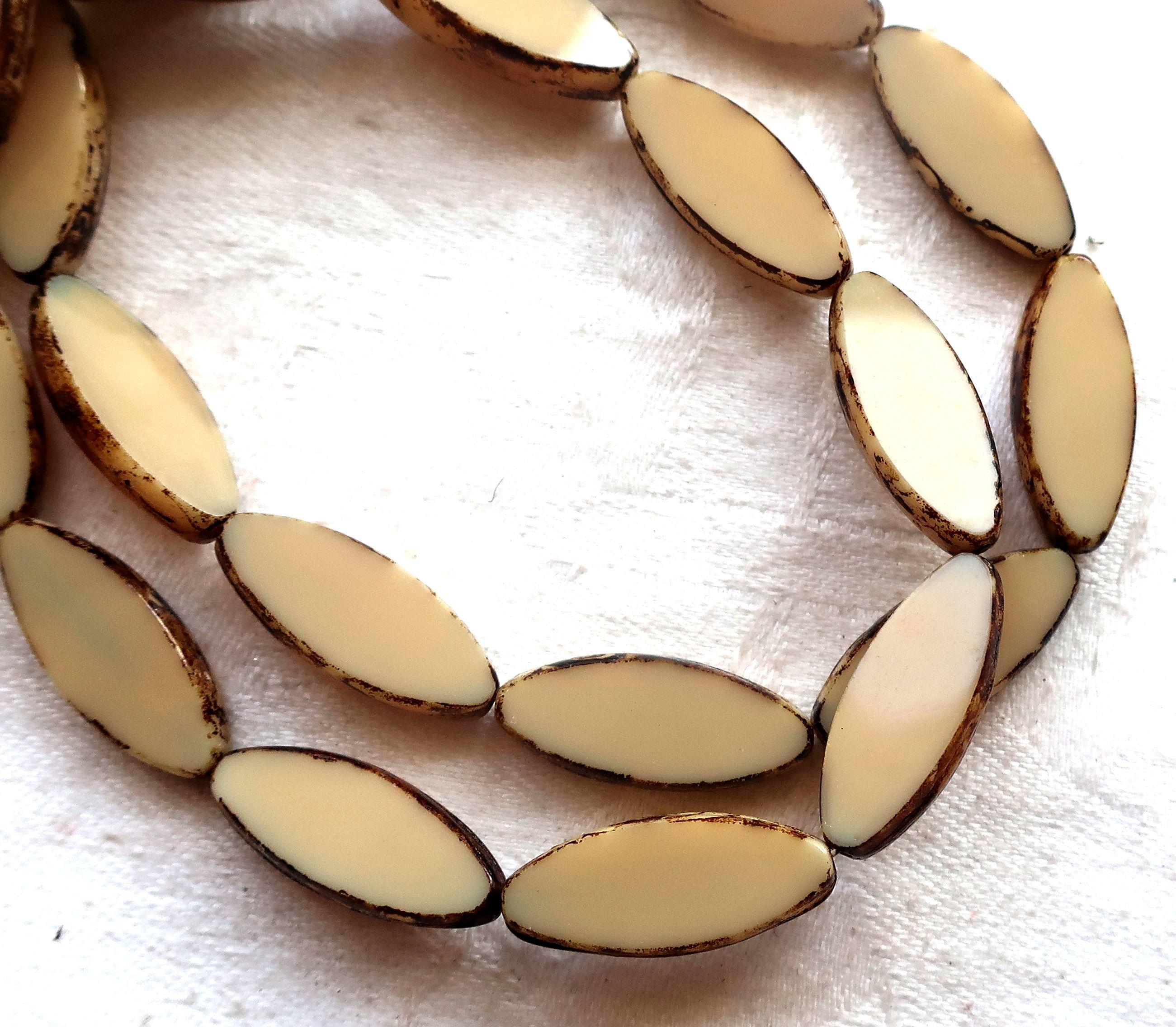 Ten Czech glass spindle beads, 20 x 9mm, neutral opaque beige, off white picasso, table cut, almond or tube shaped beads C76101