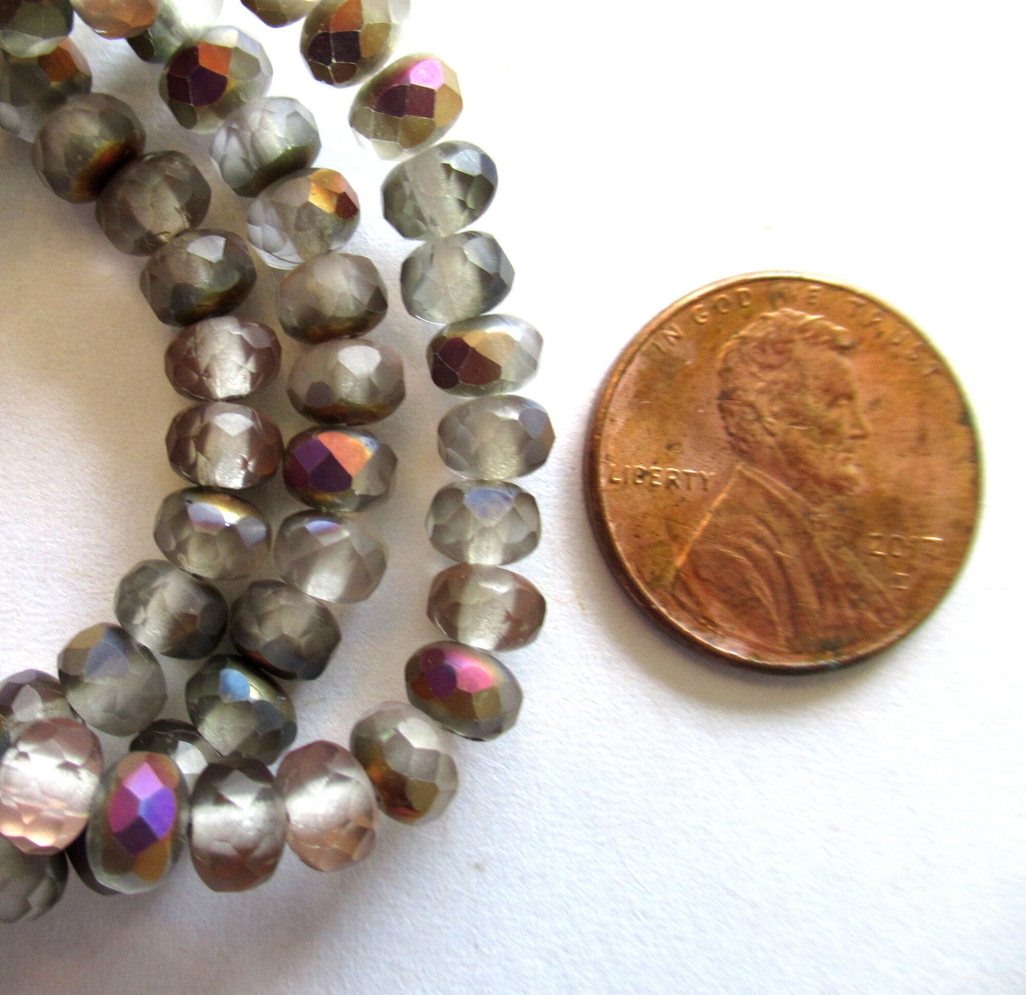 30 small puffy Czech glass rondelle beads - matte crystal gray beads with a vega finish - 3mm x 5mm faceted fire polished rondelles 00001