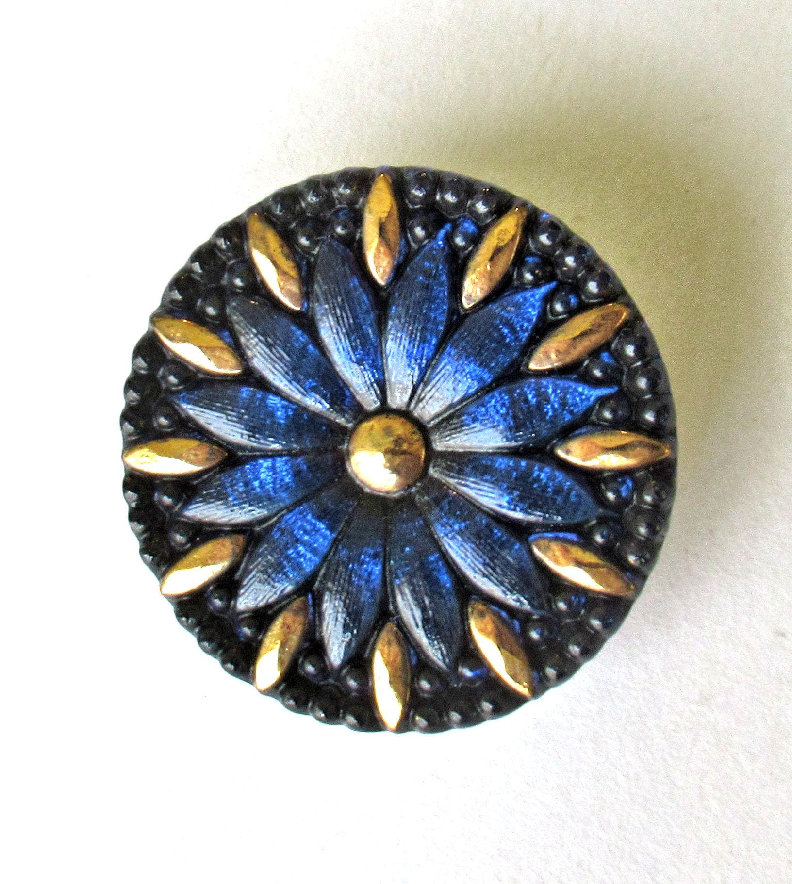 One Czech art glass button - 31mm bright blue flower button with gold accents - decorative floral shank buttons C00054