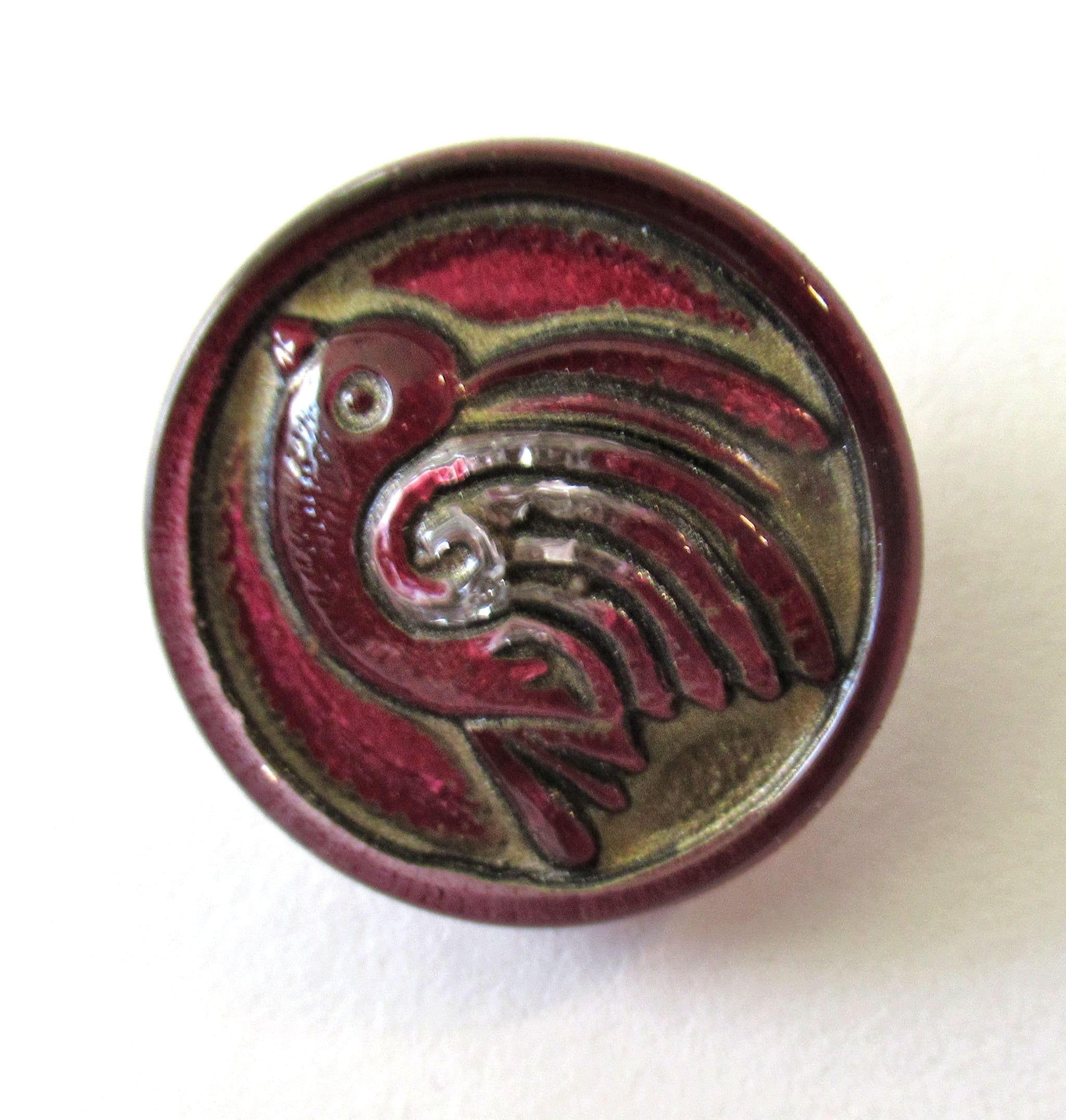 One 18mm Czech glass bird button - raspberry pink / purple with a gold wash - decorative shank buttons 00432