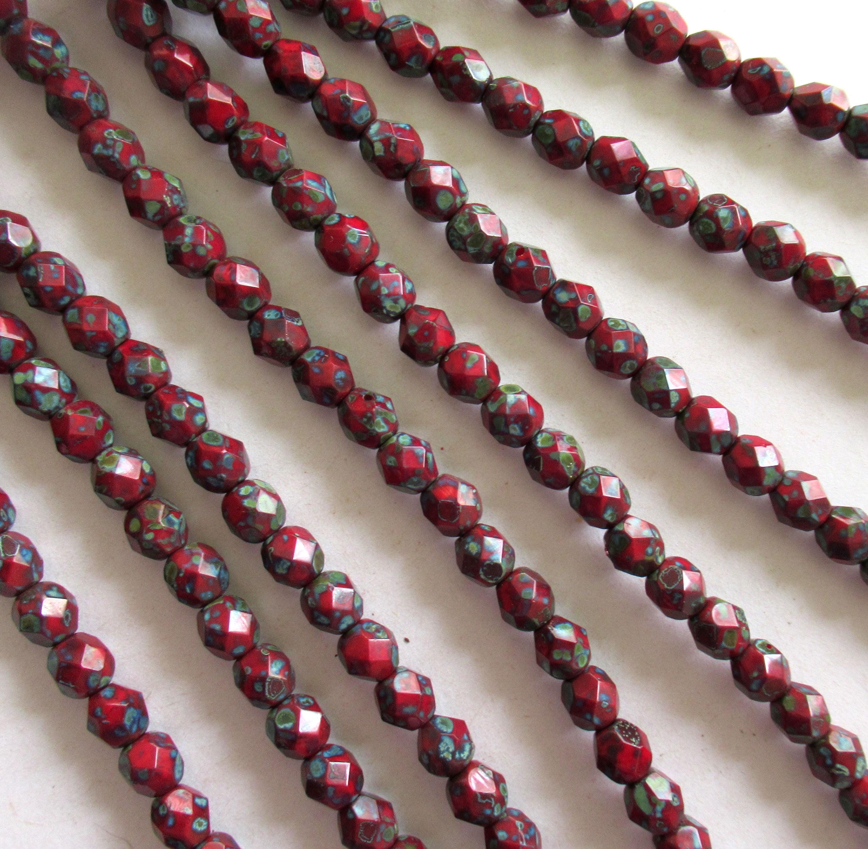 25 6mm - Czech glass faceted beads - opaque red w/ full picasso coat - earthy - rustic - fire polished - round beads C0065